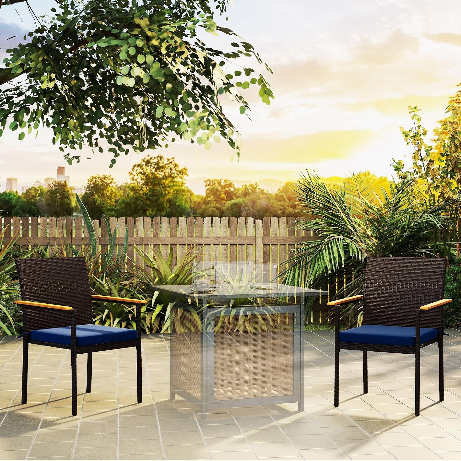 Acacia Wood Patio Dining Chair Set with PE Rattan Weave - Navy Blue