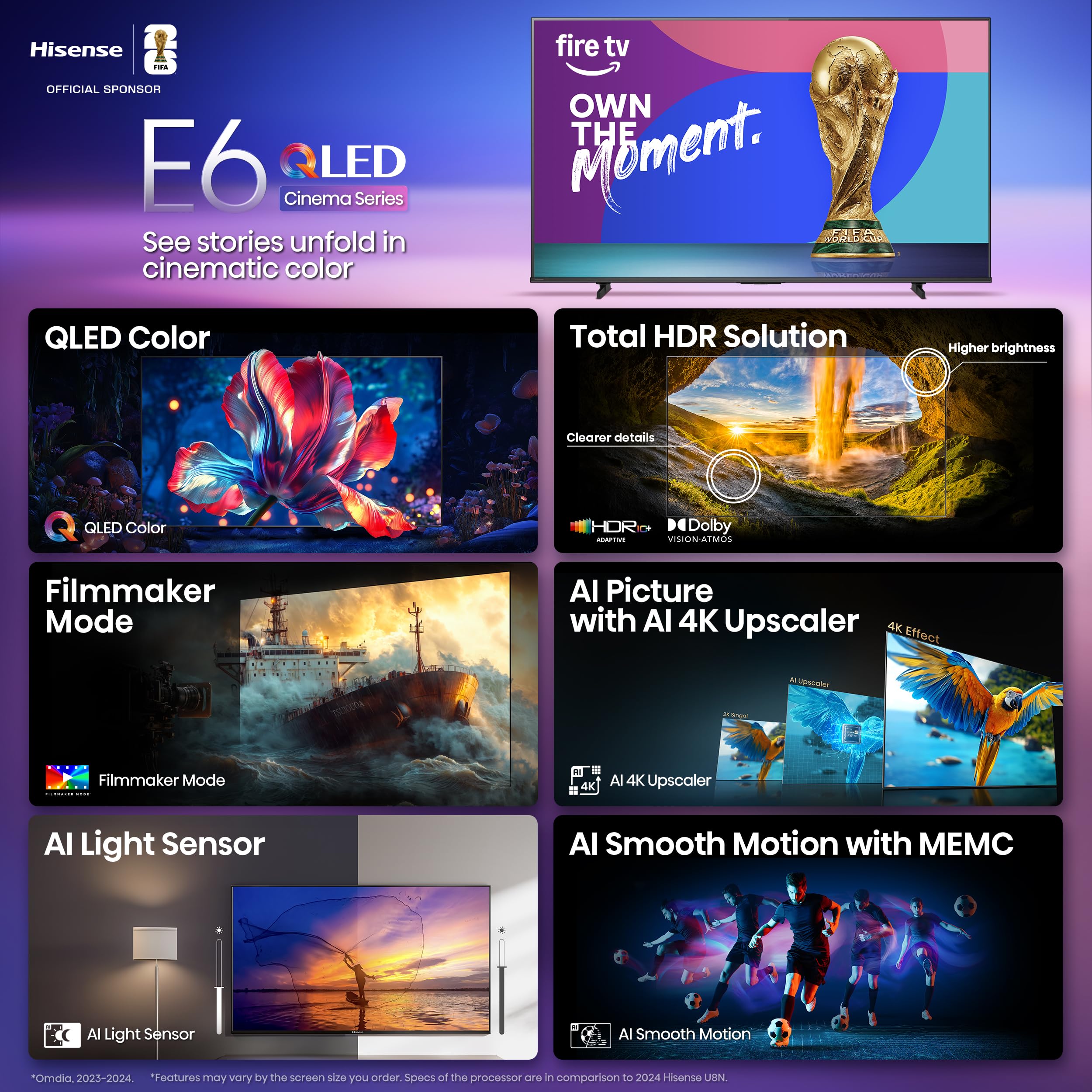 Hisense 65" E6 Cinema Series QLED 4K UHD Smart Fire TV (65E6QF, 2025 Model) - QLED, AI Light Sensor, Dolby Vision · Atmos, Voice Remote with Alexa, Motion Rate 120, HDR 10+ Adaptive, Game Mode Plus