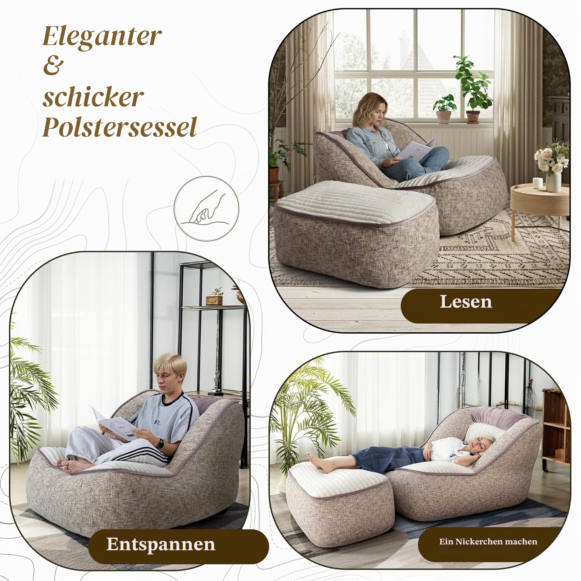 Lounge Relaxsessel Sofa, Bequeme Gepolsterte Couch mit Fußstütze, Modernes Großes Plüsch-Chaiselongue für Innenräume, Perfekter Lesesessel für Wohnzimmer, Schlafzimmer und Wohnung
