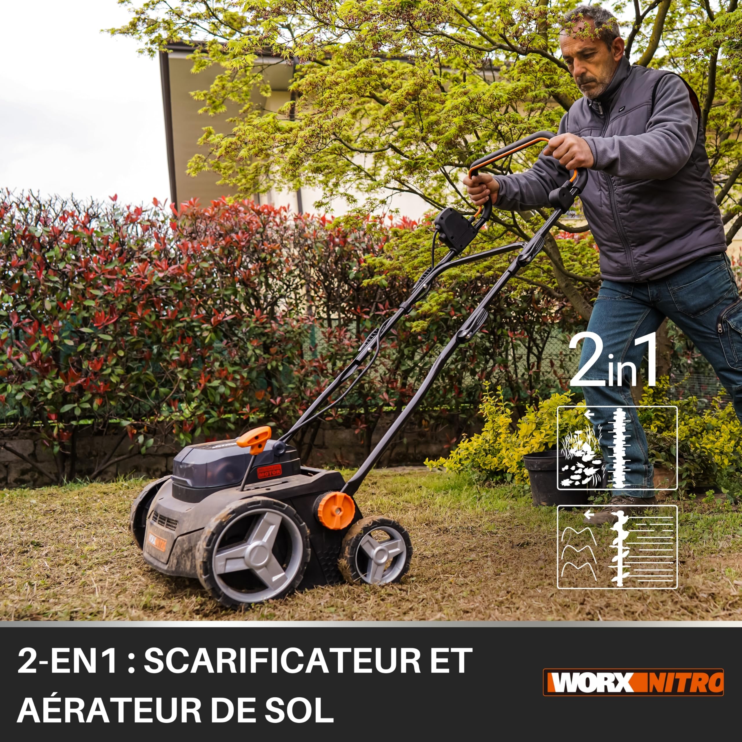 WORX Scarificateur et aérateur sans Fil 40V WG855E.9, Jusqu'à 400m² sur Une Charge, diamètre de 36cm, Sac de 40L, Rouleau d'aération, Rouleau de Scarification, Livré sans Batterie ni Chargeur