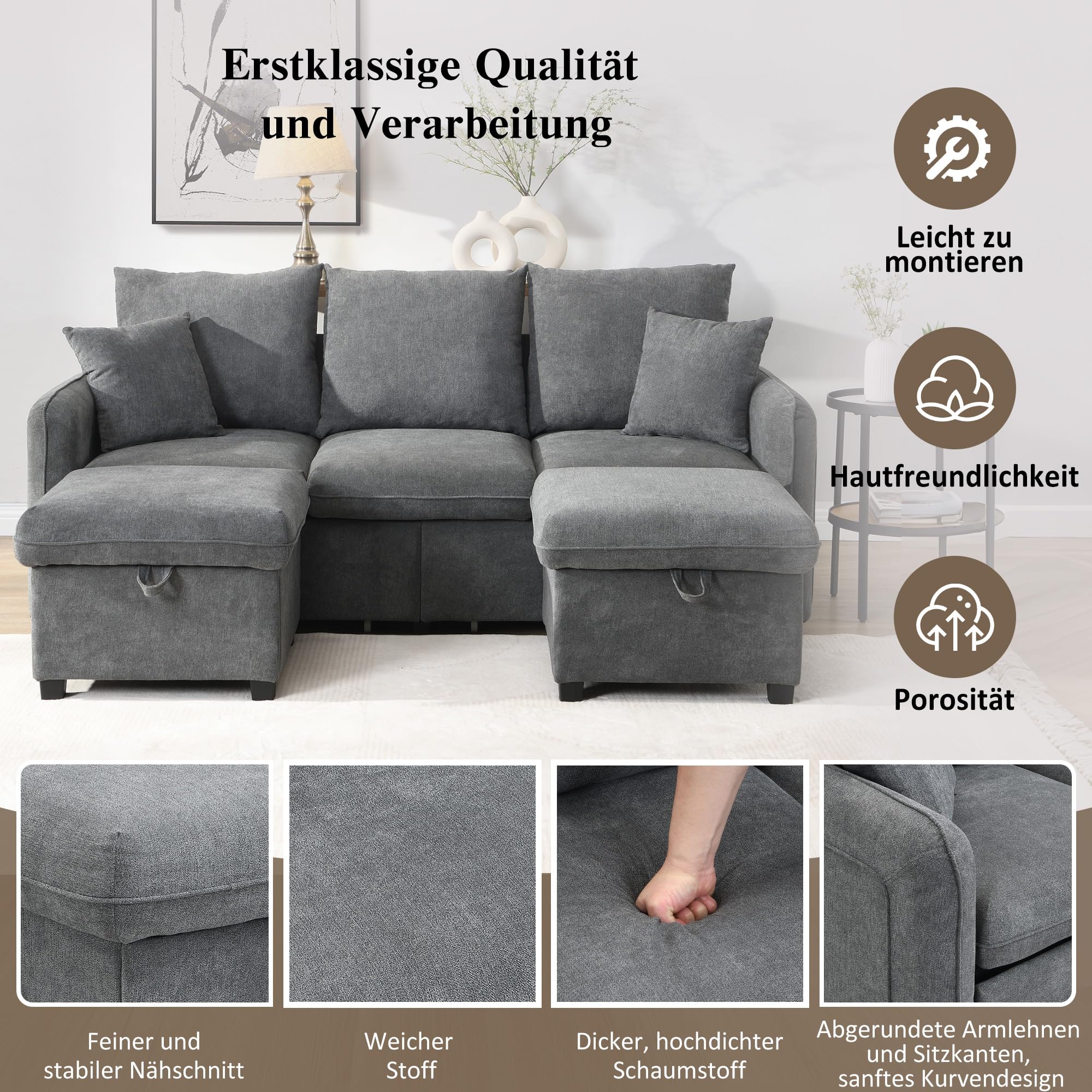 Merax Multifunktionales Ecksofa, 3-Sitzer Polster-Sofa mit Schlaffunktion, mit 2 Staufunktion Hocker, mit 2 Schubladen, modular zerlegbar, Cord-Stoff, für kleine Wohnungen, Dunkelgrau