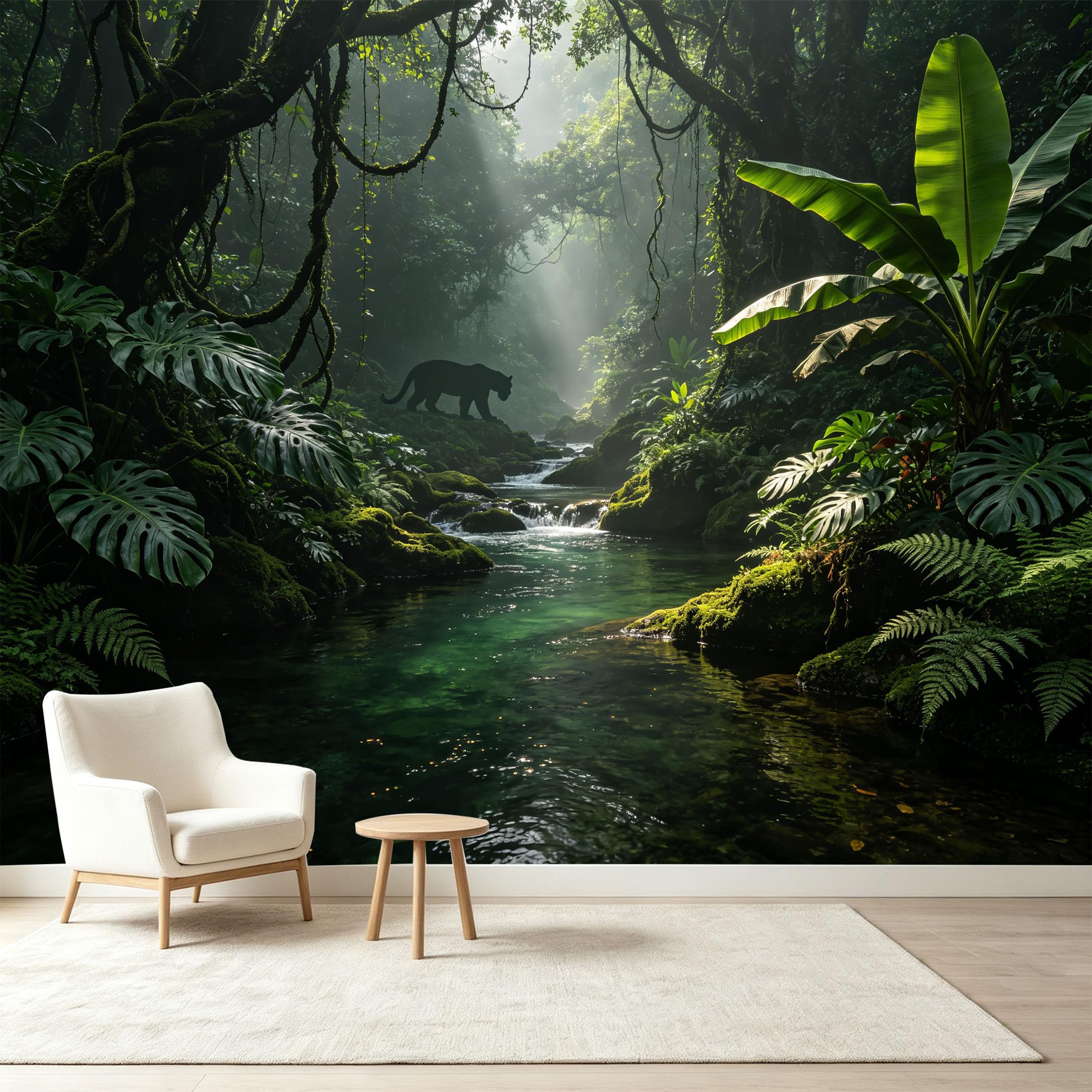 Custom Size Wall Murals Tropical Rainforest Wild Panther River Sunbeam Landscape 3D Self-Adhesive Wall Fabric Removable Wallpaper Wall Decor for Living Room Bedroom Bathroom