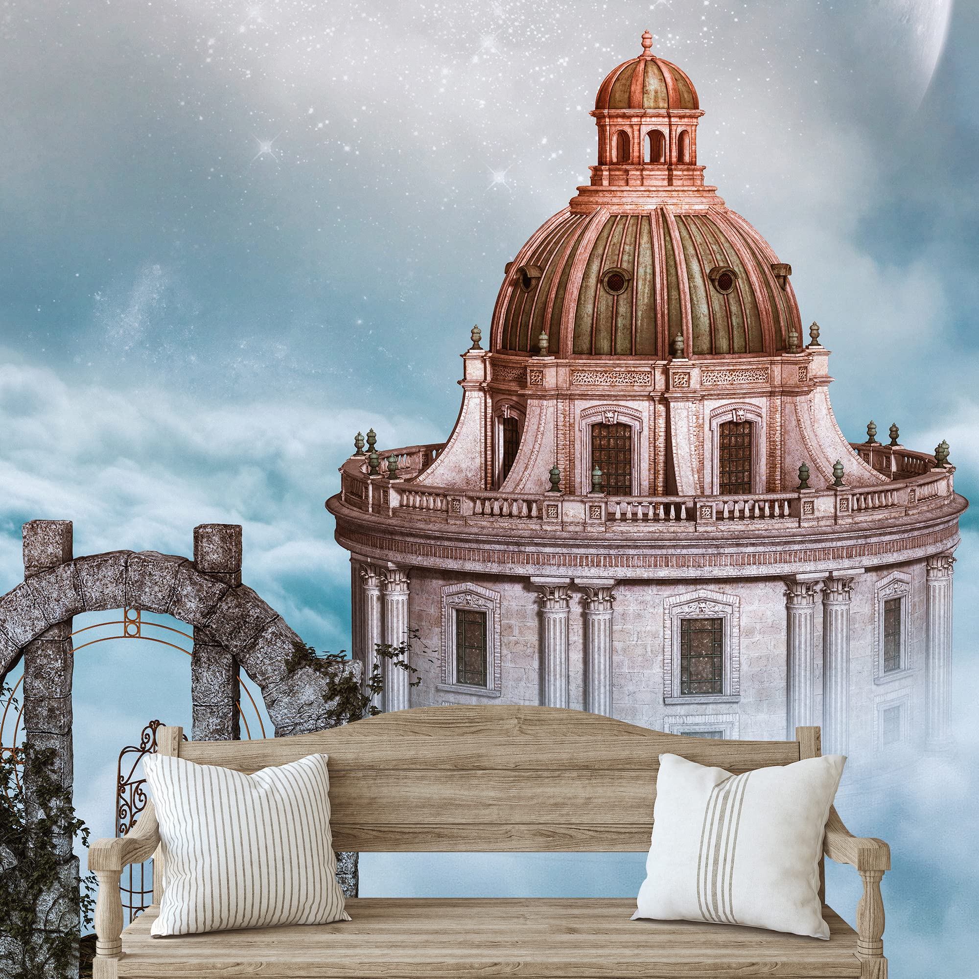 IDEA4WALL Adhesivo de pared removible con castillo místico en cielo azul nublado, fantasía y ciencia ficción, arte digital, arte moderno, paisaje decorativo para sala de estar, dormitorio, oficina