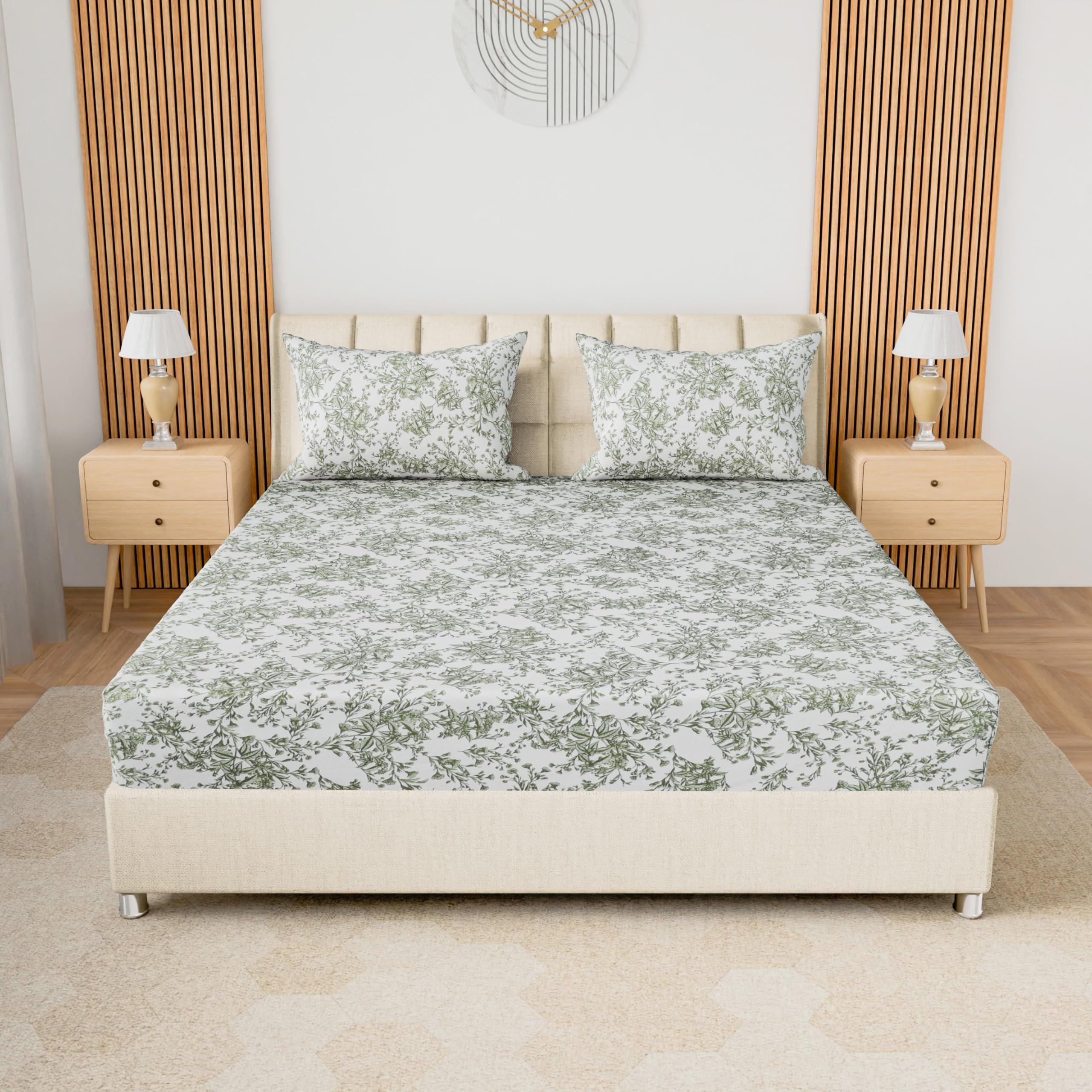 LINENWALAS 100% Cotton Twill Fitted Sheet for King Size Bed, Floral Printed All-Around Elastic Deep Pocket Bedsheet with 2 Matching Pillow Covers | Soft, Breathable (72x78 Inches, Green Botanical)