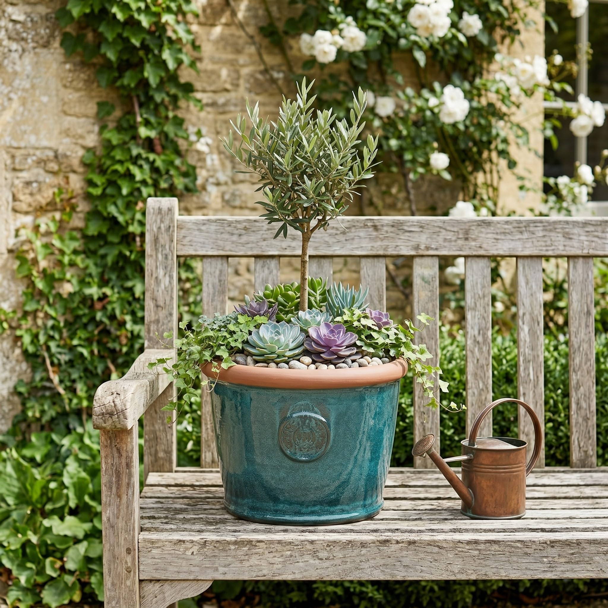 Teramico Pot de fleurs - Couronne - En grès émaillé - Blanc gris turquoise - 34 cm - 45 cm - Absolument résistant au gel et aux intempéries - (Vert mousse, 36 cm x 28 cm)
