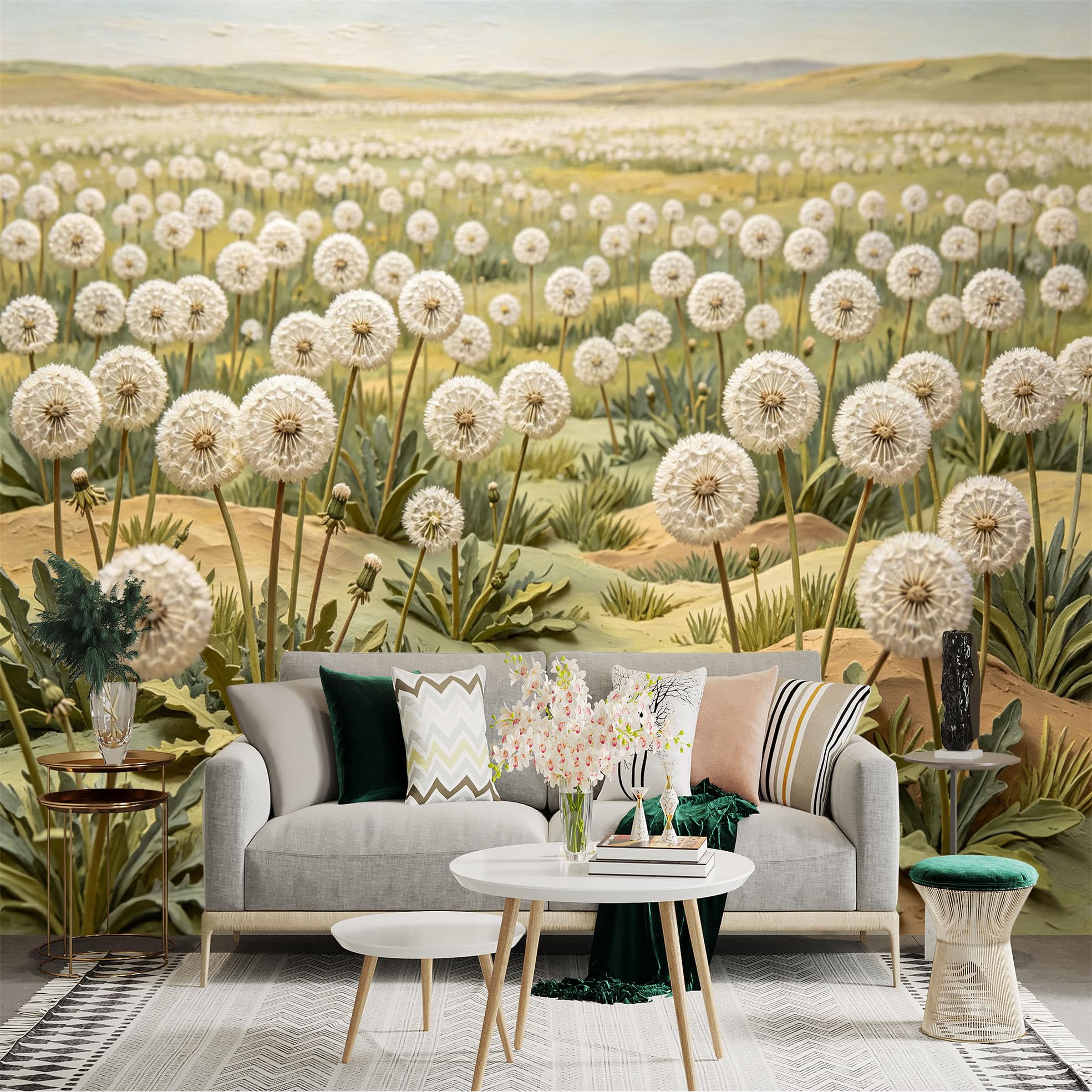 Custom Size Wall Sticker Mural， White Fluffy Dandelion Field， Nature Botanical Scenery， Soft Dreamy Meadow Landscape， for wall Decoration， peelandstick wall Decals.