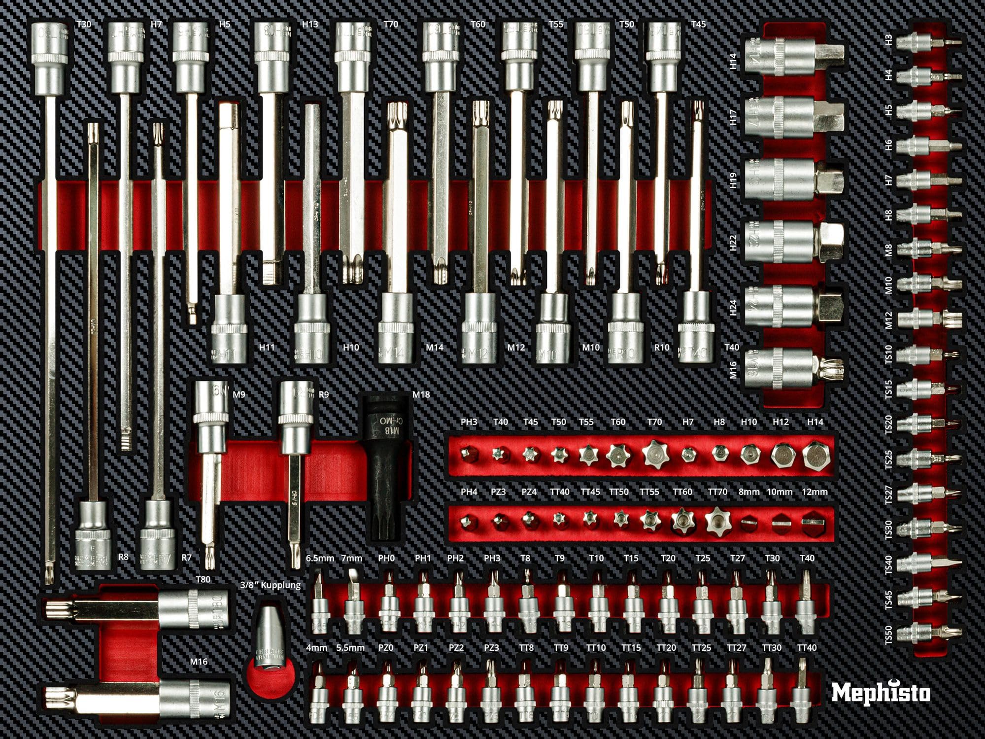 Mephisto 7 inserti con utensili come set di cricchetti, chiave ad anello a cricchetto, chiave ad anello con funzione di cricchetto, chiave a cricchetto, metrica, in inserti morbidi