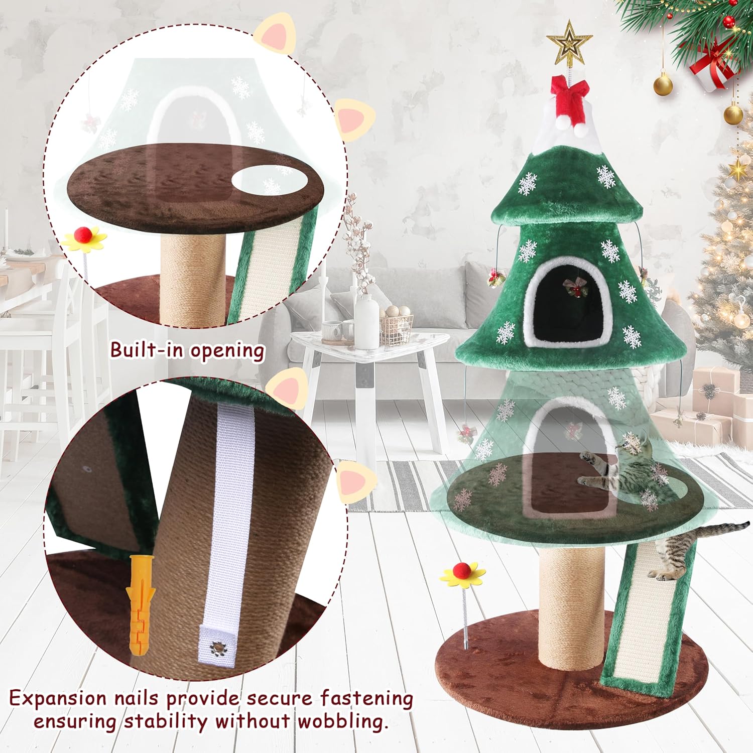 53" Christmas Cat Tree, Cat Tower with 2 Condos & Sisal Scratching Posts for Indoor, Christmas Tree Design Cats Furniture with Plaything, Activity Center Play House for Kittens