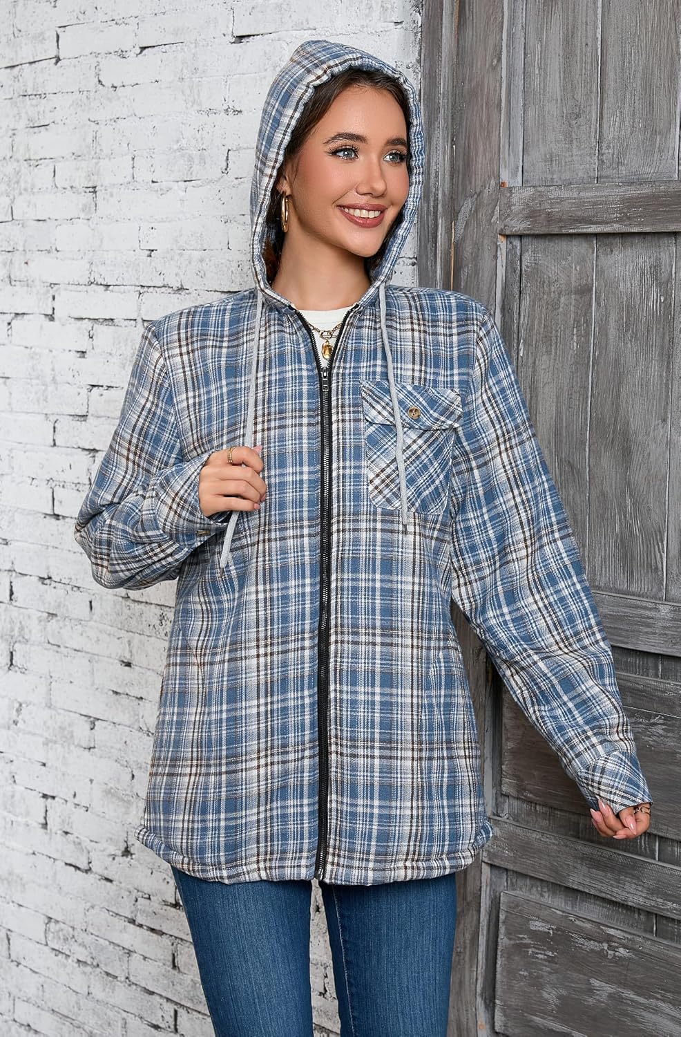 Elesuit Women's Full Zip Fleece Flannel Jacket Plaid Hooded Jackets Sherpa Lind Hoodies for Women - Image 5