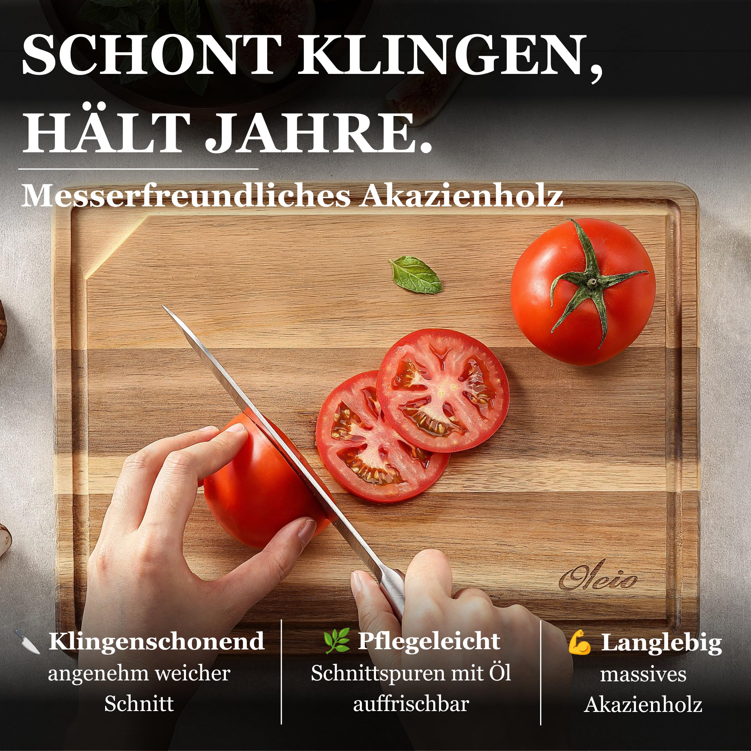 OLEIO Schneidebrett Holz 3er Set Massiv Akazie – Holzschneidebrett Küche | Mit Saftrille, Griffmulden & Halter – Schneidebretter Set 40x30/33x24/26x18cm, rutschfeste Silikonfüße