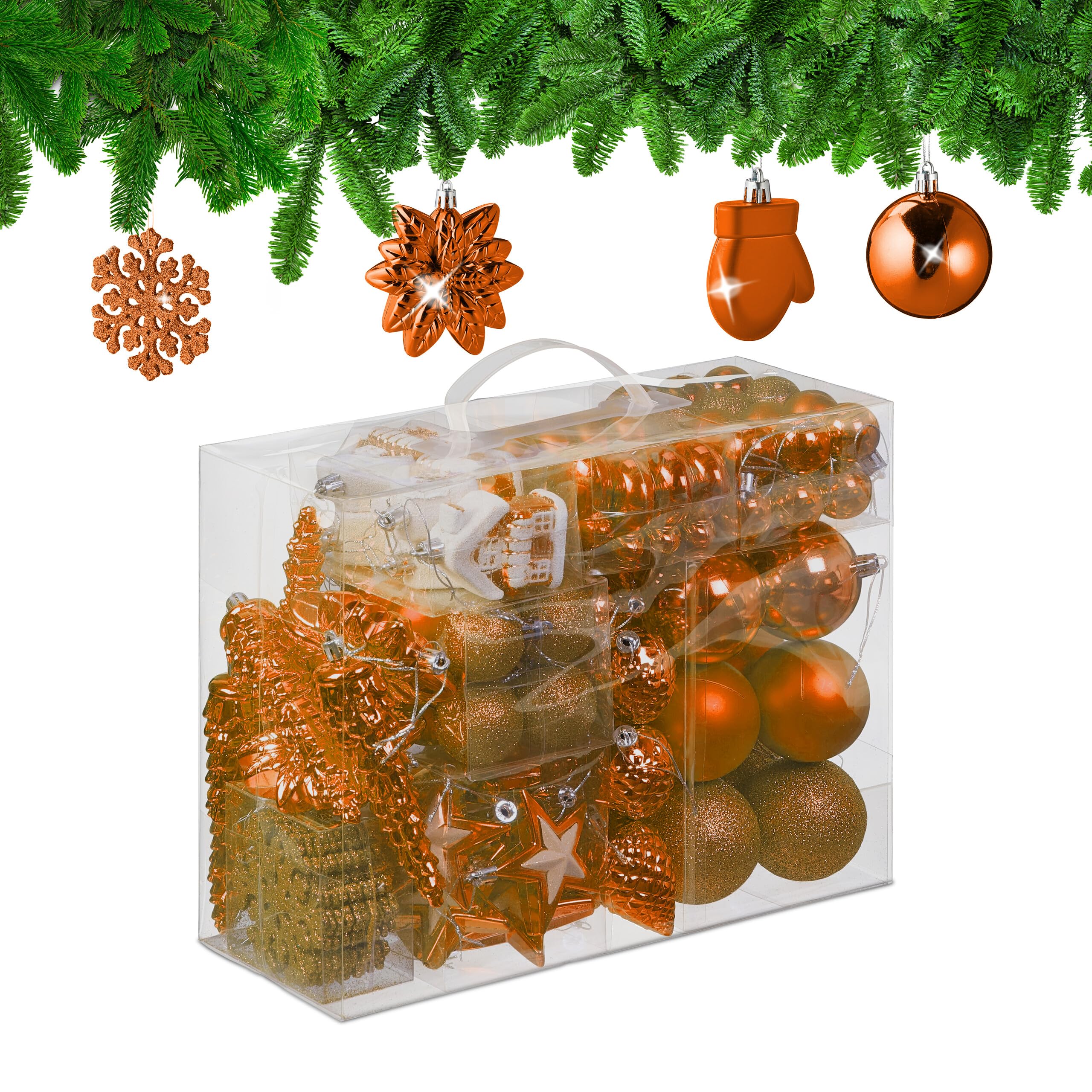 Relaxdays 100x Christmas Ornaments, Baubles, Glittering, Matte & Shiny, Tree Decorations, Plastic, 10 Designs, Orange