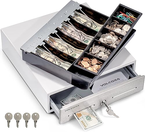 Volcora Cajón de caja registradora de 13 pulgadas para sistema de punto de venta (POS) - Blanco con parte delantera de acero inoxidable - Bandeja de