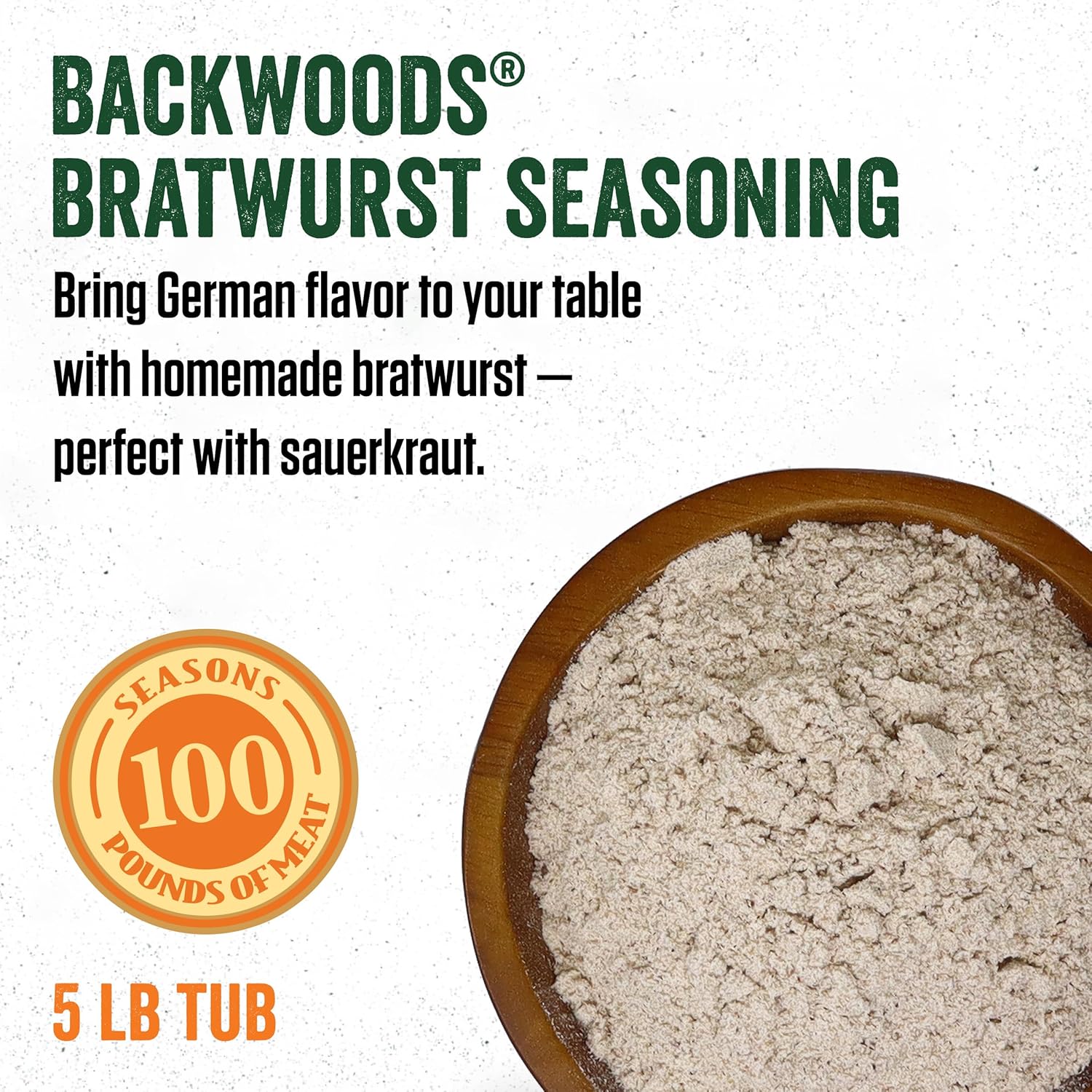 LEM Products Backwoods Bratwurst Fresh Sausage Seasoning, Ideal for Wild Game and Domestic Meat, Seasons Up to 100 Pounds of Meat, 5 Pound, 6 Ounce Bucket
