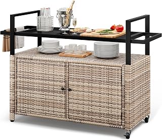 XL Outdoor Storage Cabinet, Outdoor Storage Cart with Wheels and Black Glass Table Top for Patio, Outdoor Cabinet for Poolside and Backyard (Light Brown)