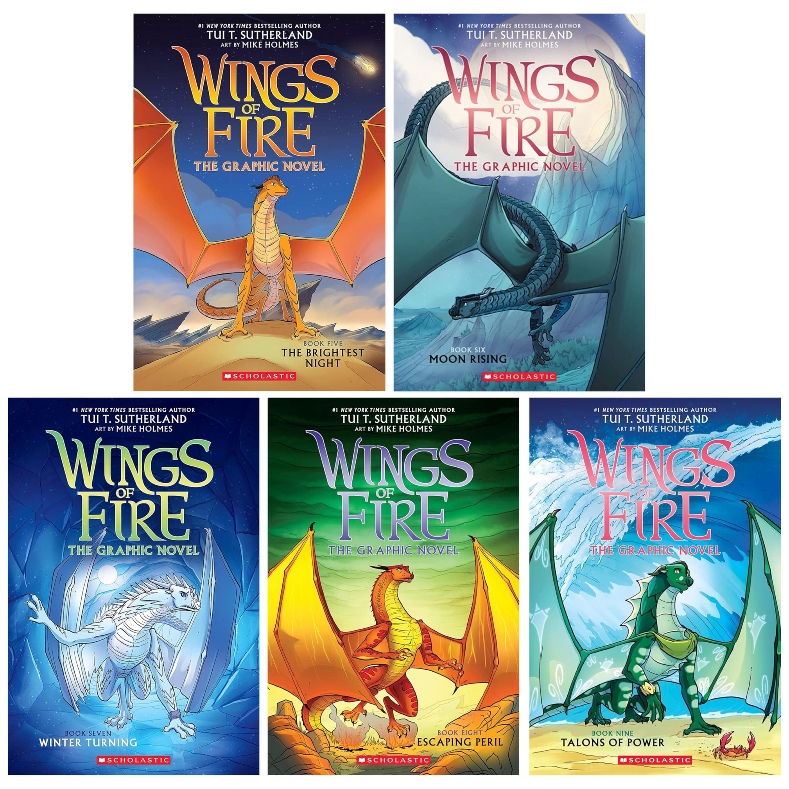 Wings of Fire Graphix Series (Book 5-9) By Tui T. Sutherland: Graphic Novels 5 Books Collection Set (The Brightest Night, Moon Rising, Winter Turning, Escaping Peril & Talons Of Power)