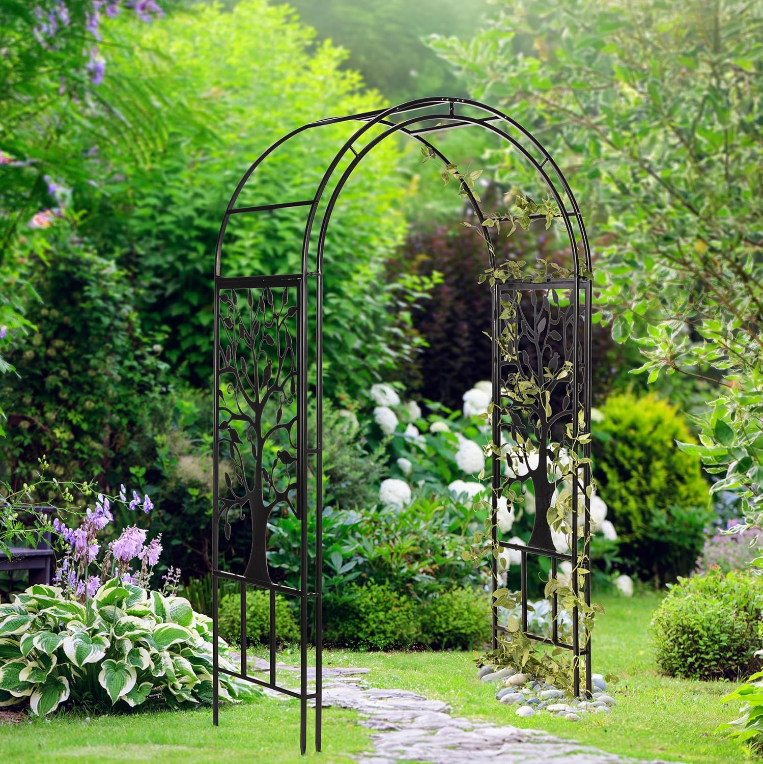 Plow & Hearth Metal Garden Arch Trellis Arbor Tree of Life Panels, 7 feet Freestanding Outdoor Arch Trellis for Climbing Plants, Pathway Entry and Wedding Garden Decor