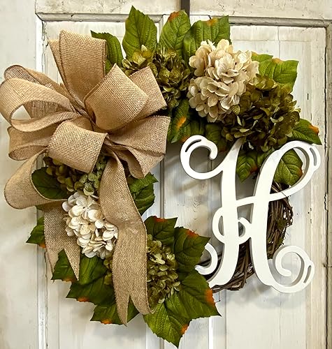 Miniatura 2 de Hortensia - Corona de puerta delantera con monograma inicial con lazo y crema y hortensias verdes musgo sobre base de vid, hecha a mano en los