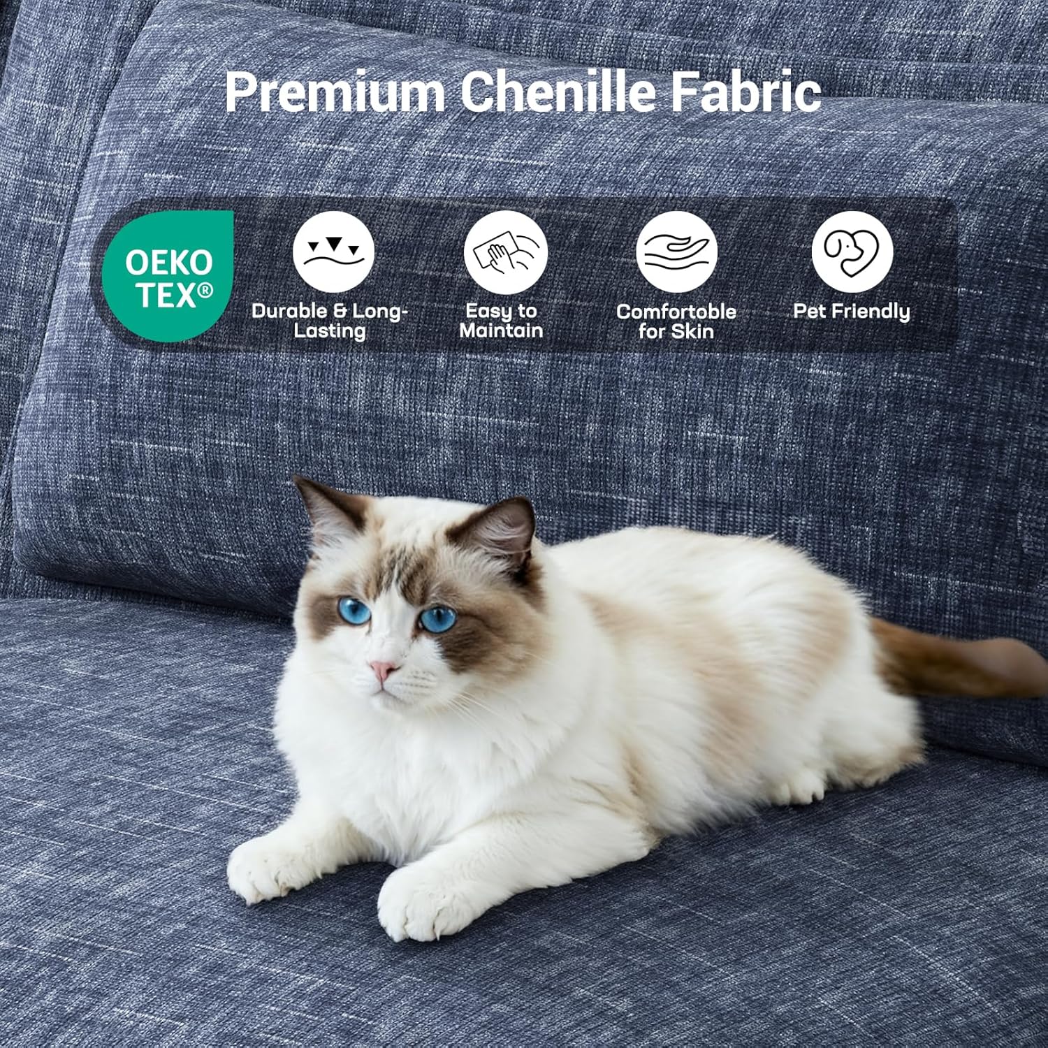 A cat resting on the chenille fabric of the sofa, with icons indicating OEKO-TEX certification, durability, easy maintenance, comfort, and pet-friendliness.