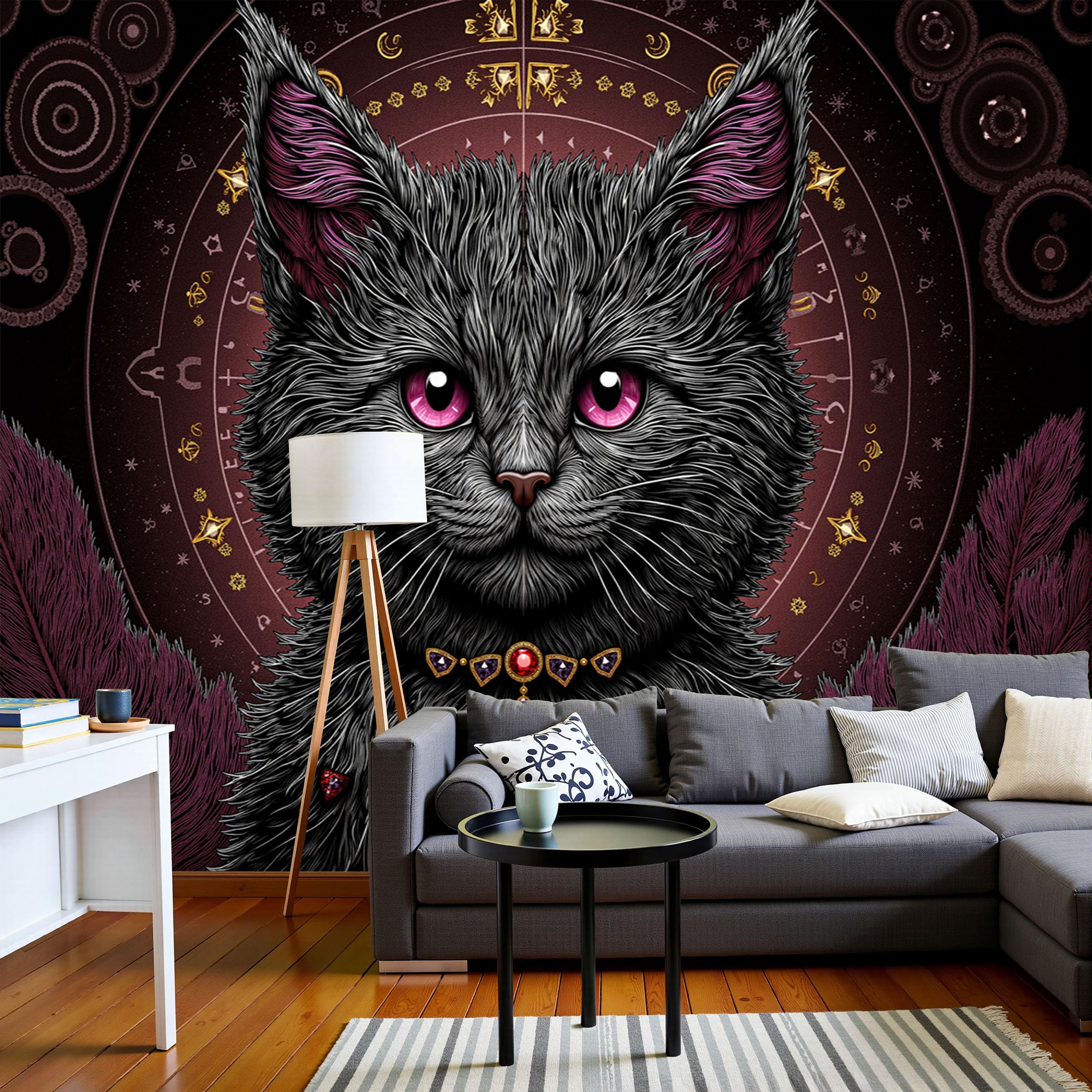 Papier peint gothique chat astrologique rouge bordeaux fresque murale 300x210