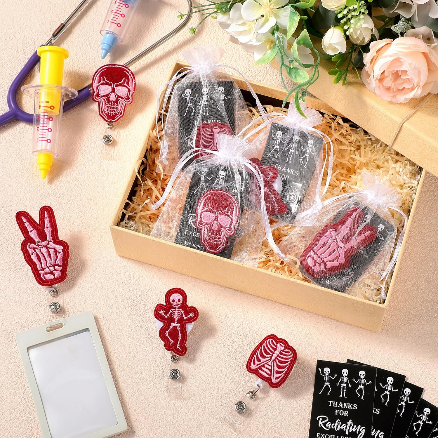 Geyoga Xray Badge Reelsradiology Gifts Bulk Retractable Funny Skeleton ID Holder Clips with Cards Organza Bags for Nurse Doctor Nursing Student(Pink,10 Sets) - Image 5