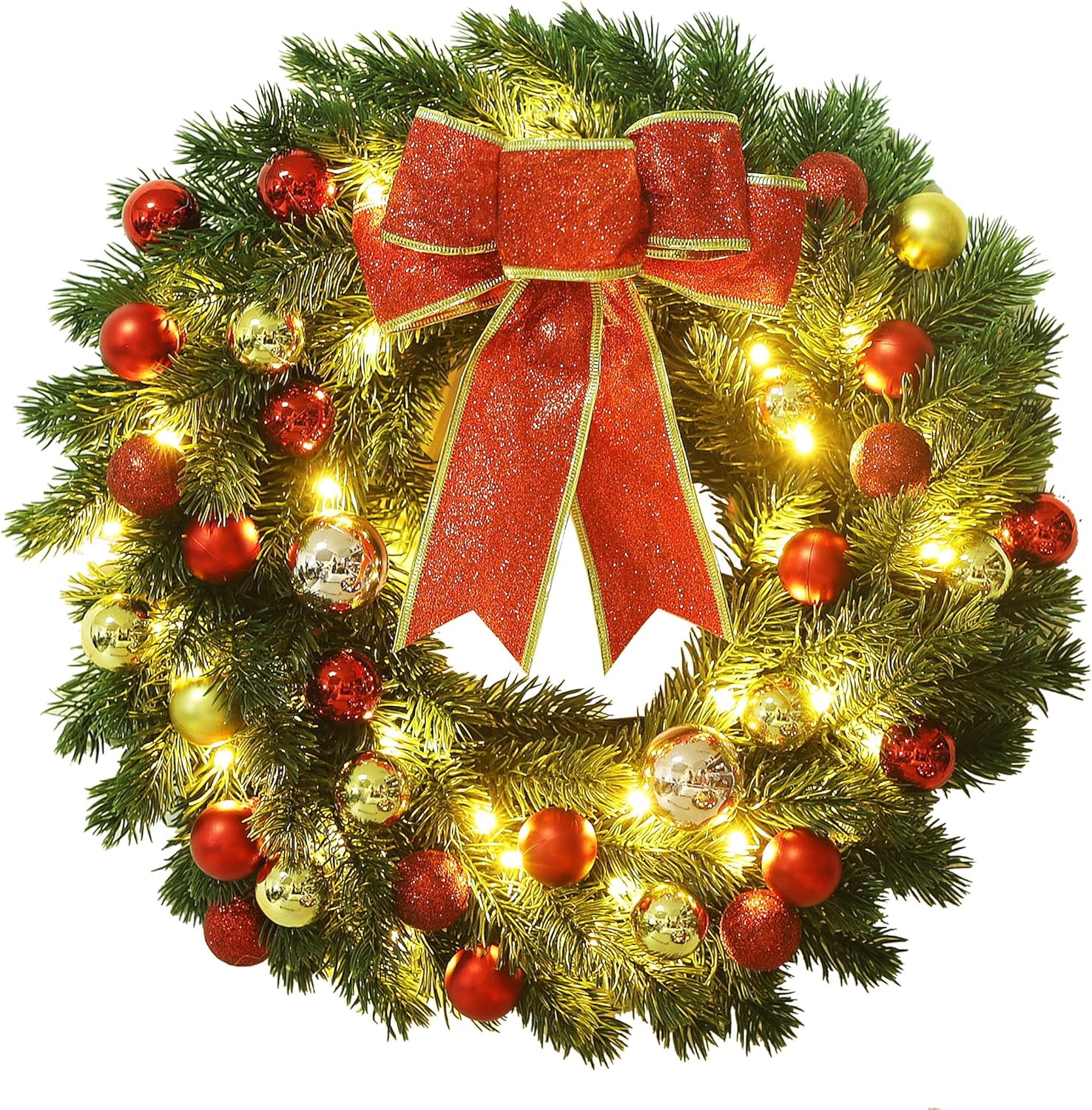 Lulu Home 16 Inch Pre-lit Christmas Wreath with Hook, Battery Operated Christmas Wreath Decorative Christmas Balls Hanging Ornament, Artificial Door Wreath 40 Clear LED Lights With Hanger