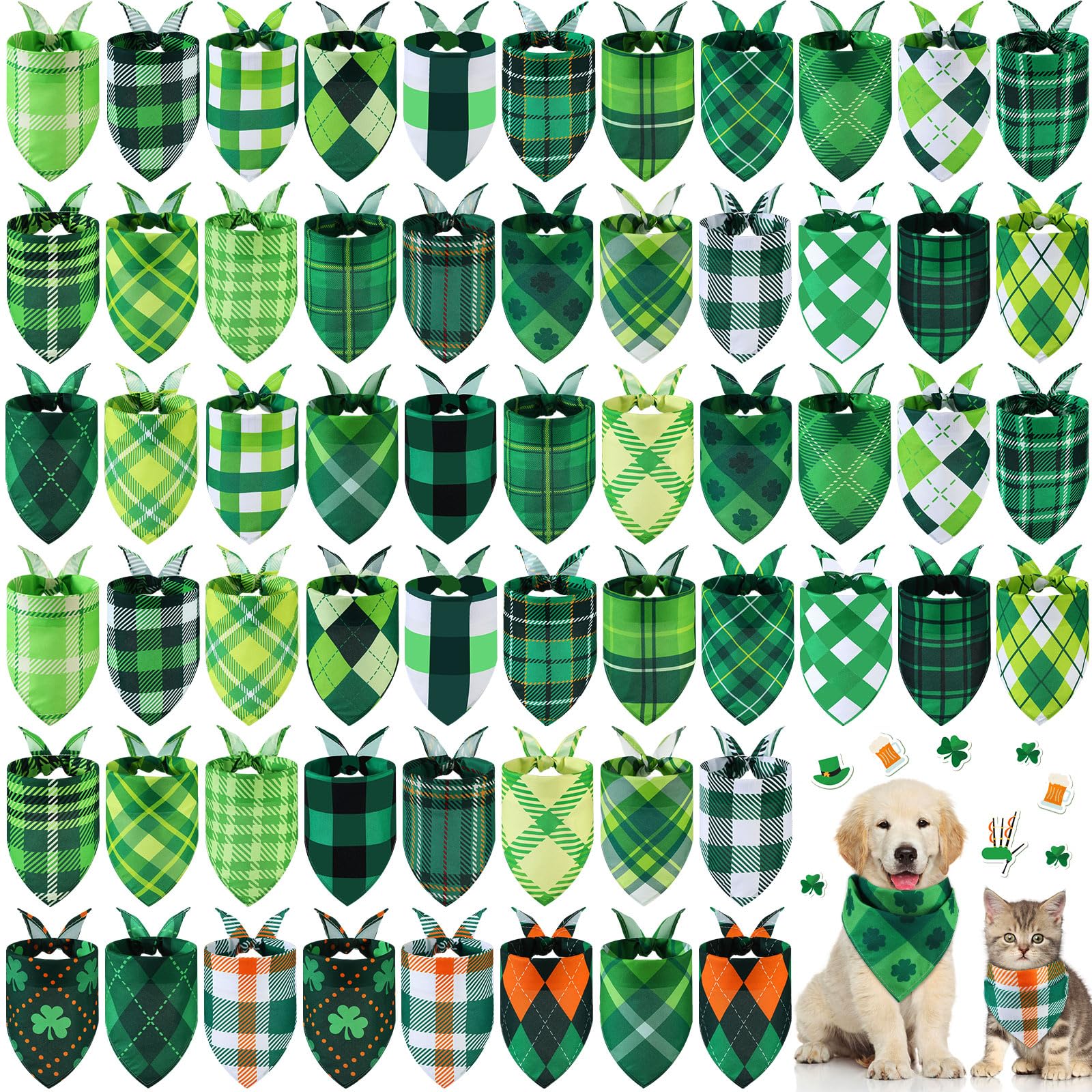 Sweetude St. Patrick's Day Halstücher für Hunde, kariert, verstellbar, waschbar, Halstuch, Urlaub, Haustierkostüm, Zubehör, Pflegezubehör für kleine bis große Katzen, 60 Stück