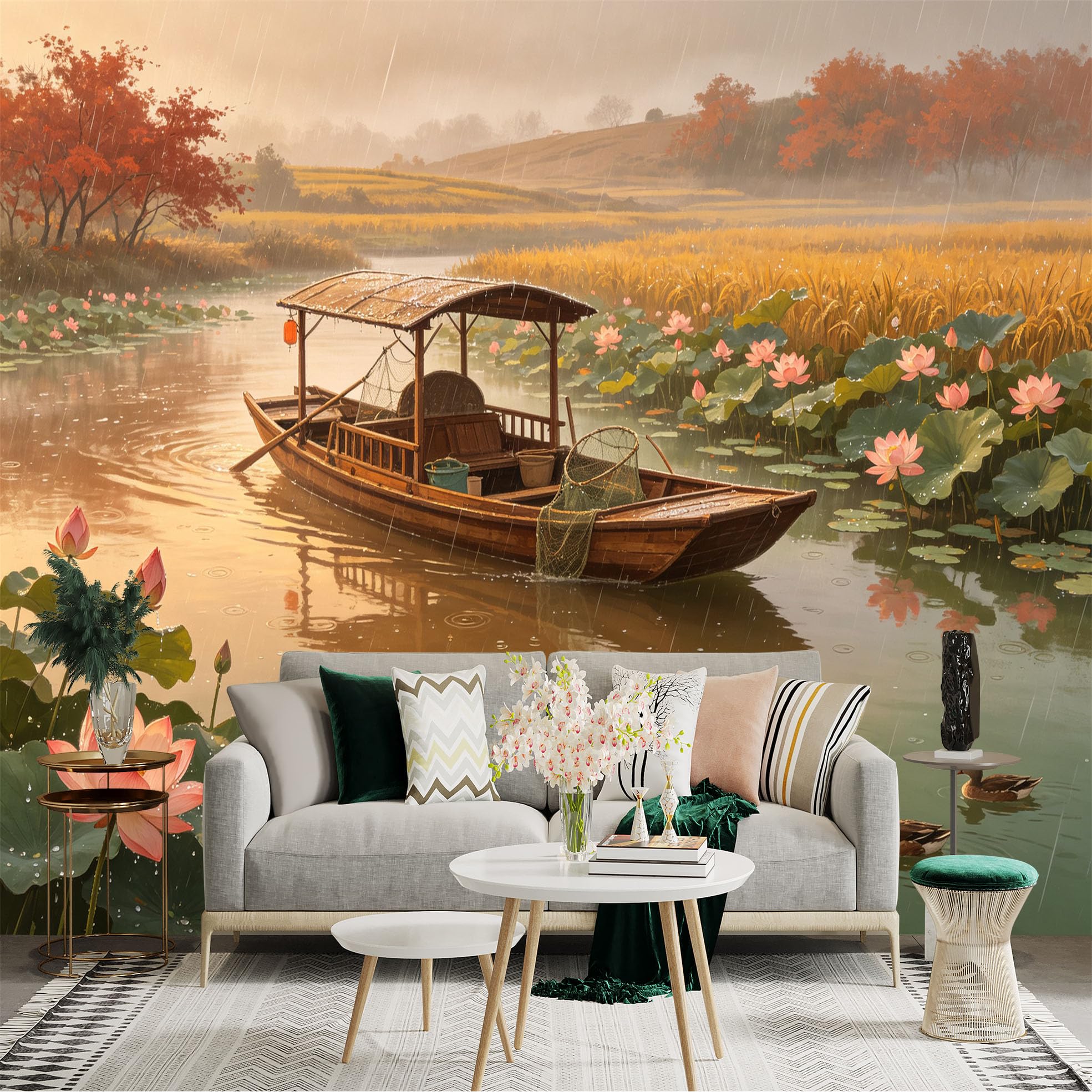 Custom Size Wall Sticker Mural， Rainy Landscape with Fishing Boat， Blooming Pink Lotuses， Floating Ducks in Serene Pond， for wall Decoration， peelandstick wall Decals.