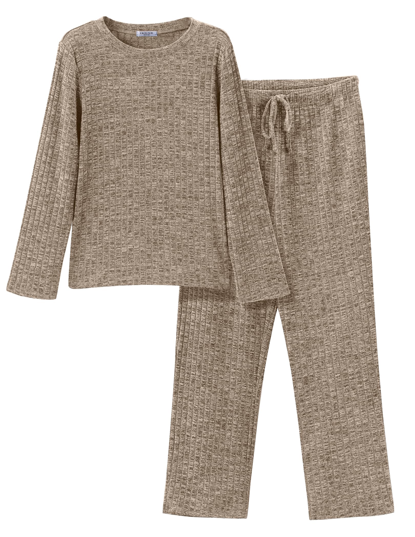 Ekouaer Womens Ribbed Knit Lounge Set Long Sleeve Top and Long Pants Sleepwear Pajama Set Two Piece Matching