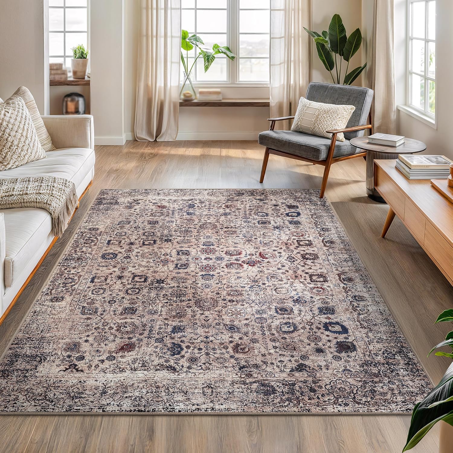 Tapis de salon antidérapant et lavable motif vintage beige marron 80 x 110 cm