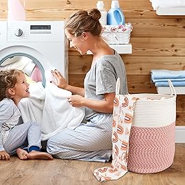 XUANGUO Cotton Rope Laundry Basket Hamper for Clothes Woven Storage Basket for Living Room Bedroom Boho Tall Rope Baskets for Blanket Toys Pillow Towels Baby Nursery Hamper Bin Large (multicolor)