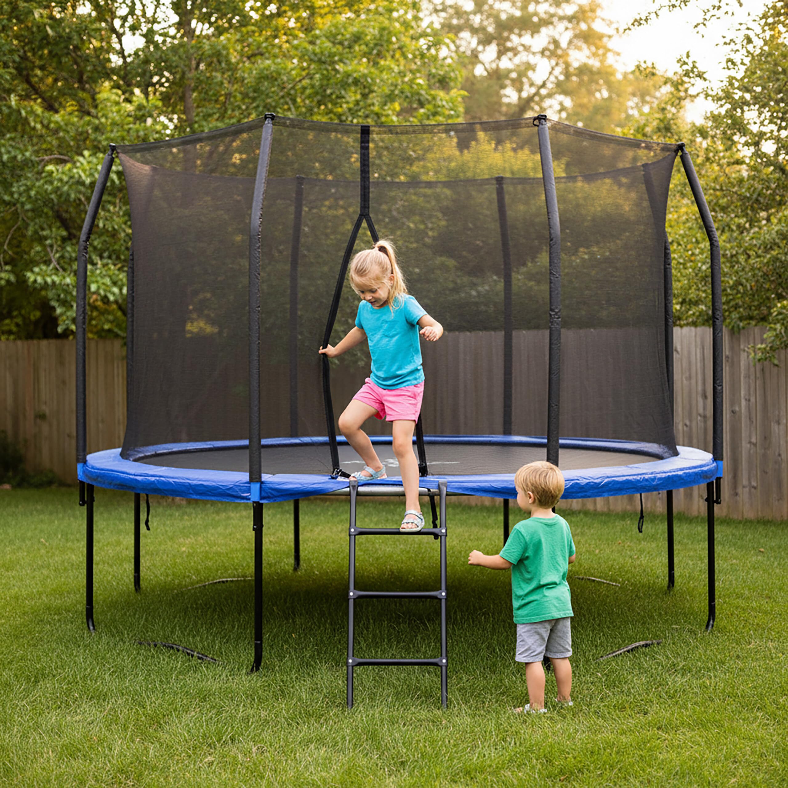 Relaxdays Scala per Trampolino, HxB: 96 x 38 cm, da agganciare, 3 gradini, Universale, Acciaio, Nera