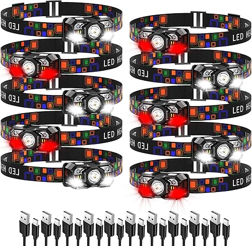 KunHe Paquete de 10 faros delanteros LED recargables con sensor de movimiento, 10 modos para equipo de campamento al aire libre, senderismo, pesca,