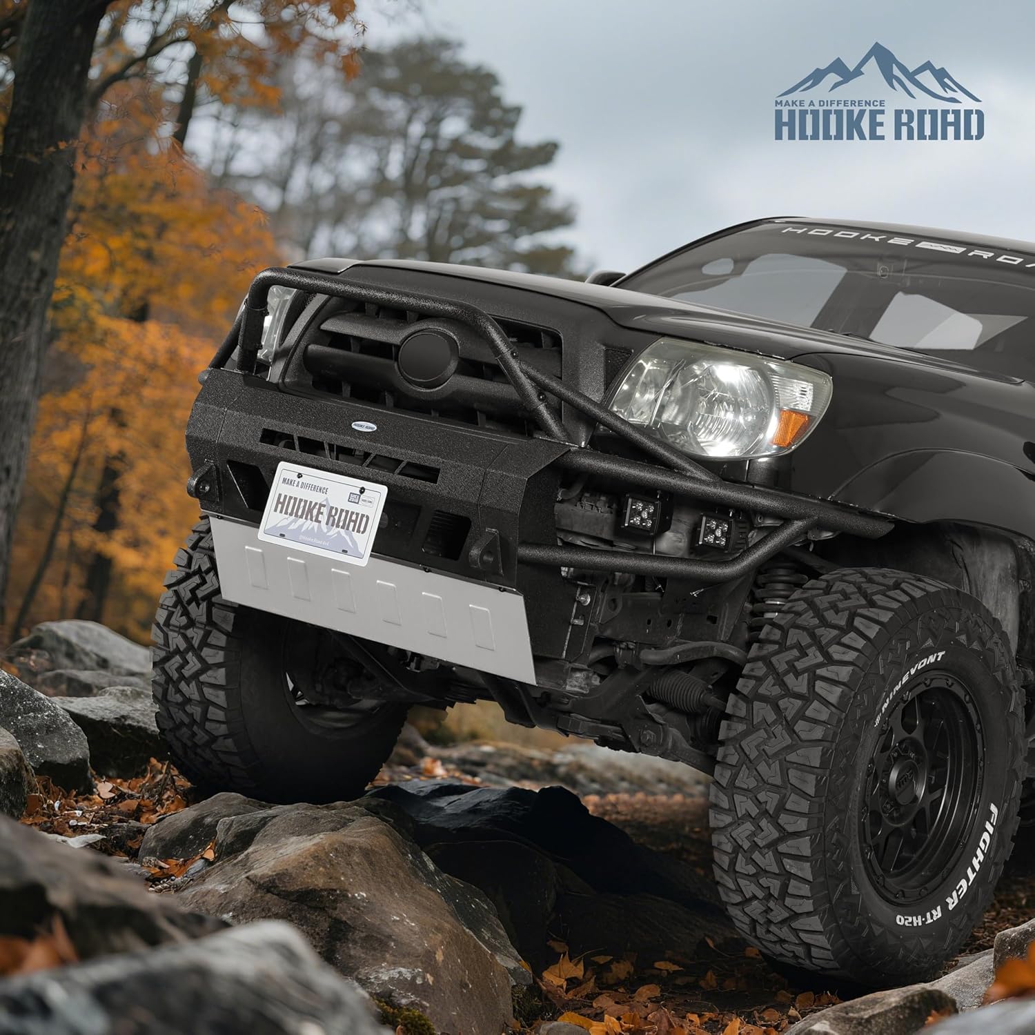 Hooke Road Tacoma Front Bumper w/Winch Plate for 2005-2011 Toyota Tacoma 2nd Gen, Offroad Steel Tube Bumper with Skid Plate and 4 LED Lights