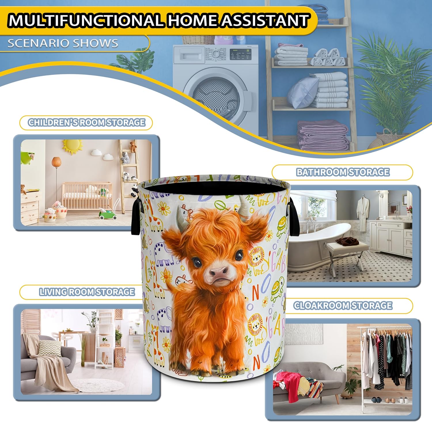 Cute Highland Cow Laundry Basket Calf Foldable Waterproof Oxford Cloth Funny Tote Bag Laundry Hamper Clothes Storage Bucket Toy Organizer For Bathroom/Laundry Storage/Bedroom 18.9x16.5 Inch