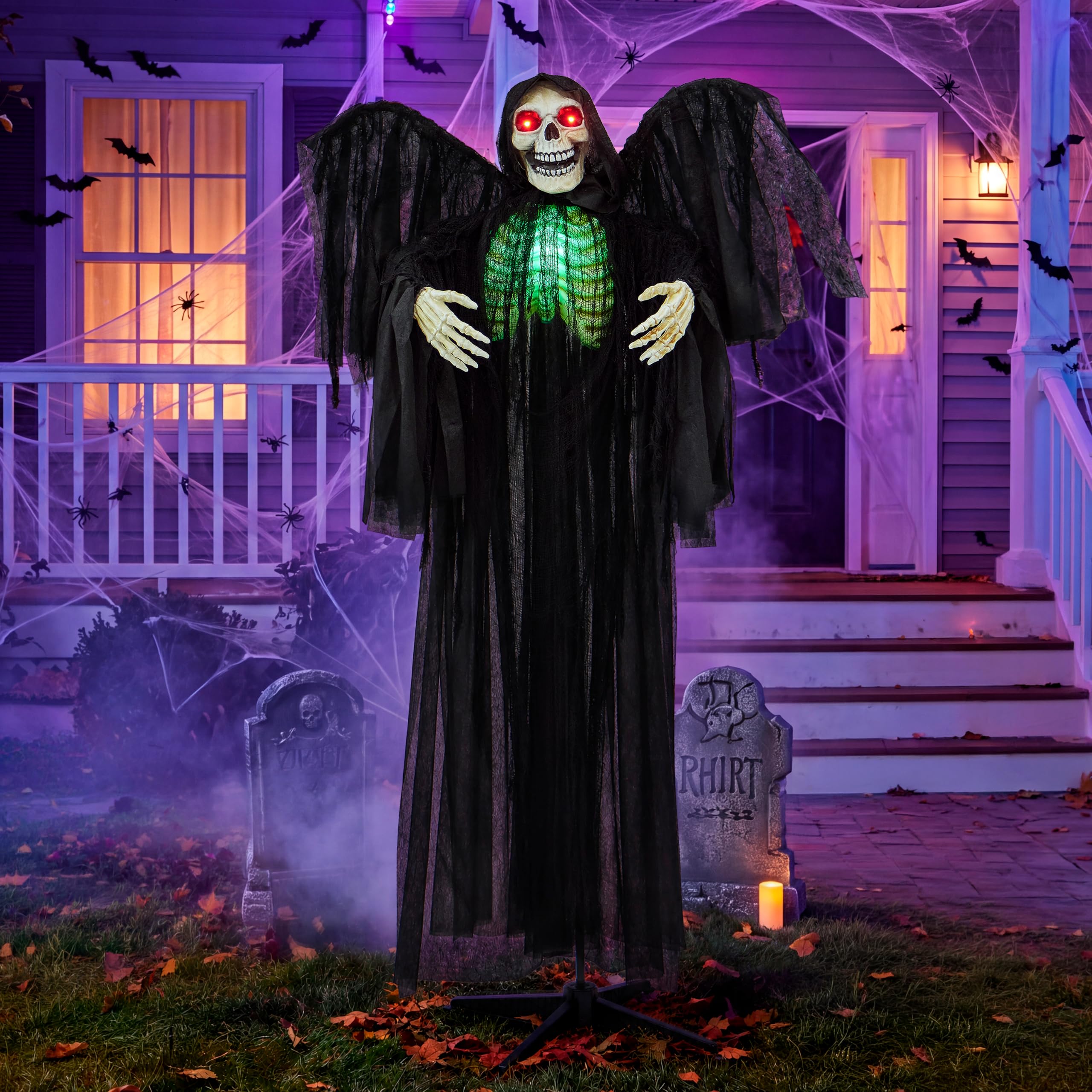 JOYIN 63" Halloween Animatronic Grim Reaper Decoración con alas, Fantasma de pie de tamaño Real con Ojos iluminados, Sonido Espeluznante y Cuerpo móvil