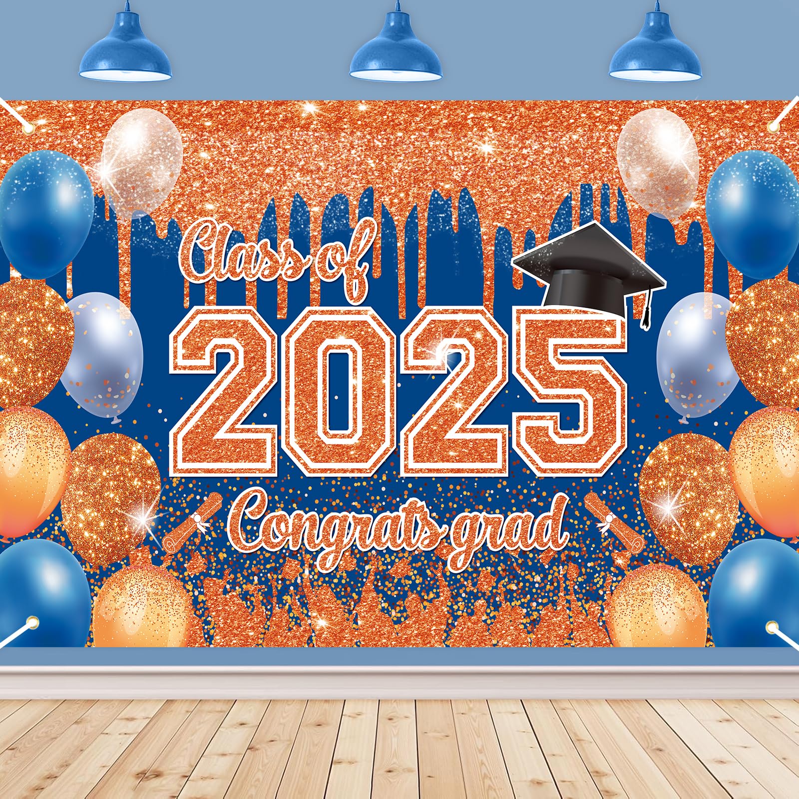 Orange Blue Graduation Banner Decorations 2025 Blue and Orange Congrats Grad Banner Glitter Class of 2025 Graduation Party Backdrop for 2025 High