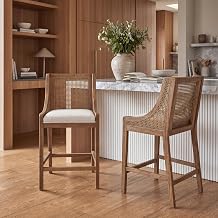 Christopher Knight Home Deville 25.75'' Rubberwood Counter Stools Set of 2, Counter Height Bar Stools for Bar Table, Upholstered Barstools with Cane Webbing, Extra Seat for Dining Room, Beige + Walnut
