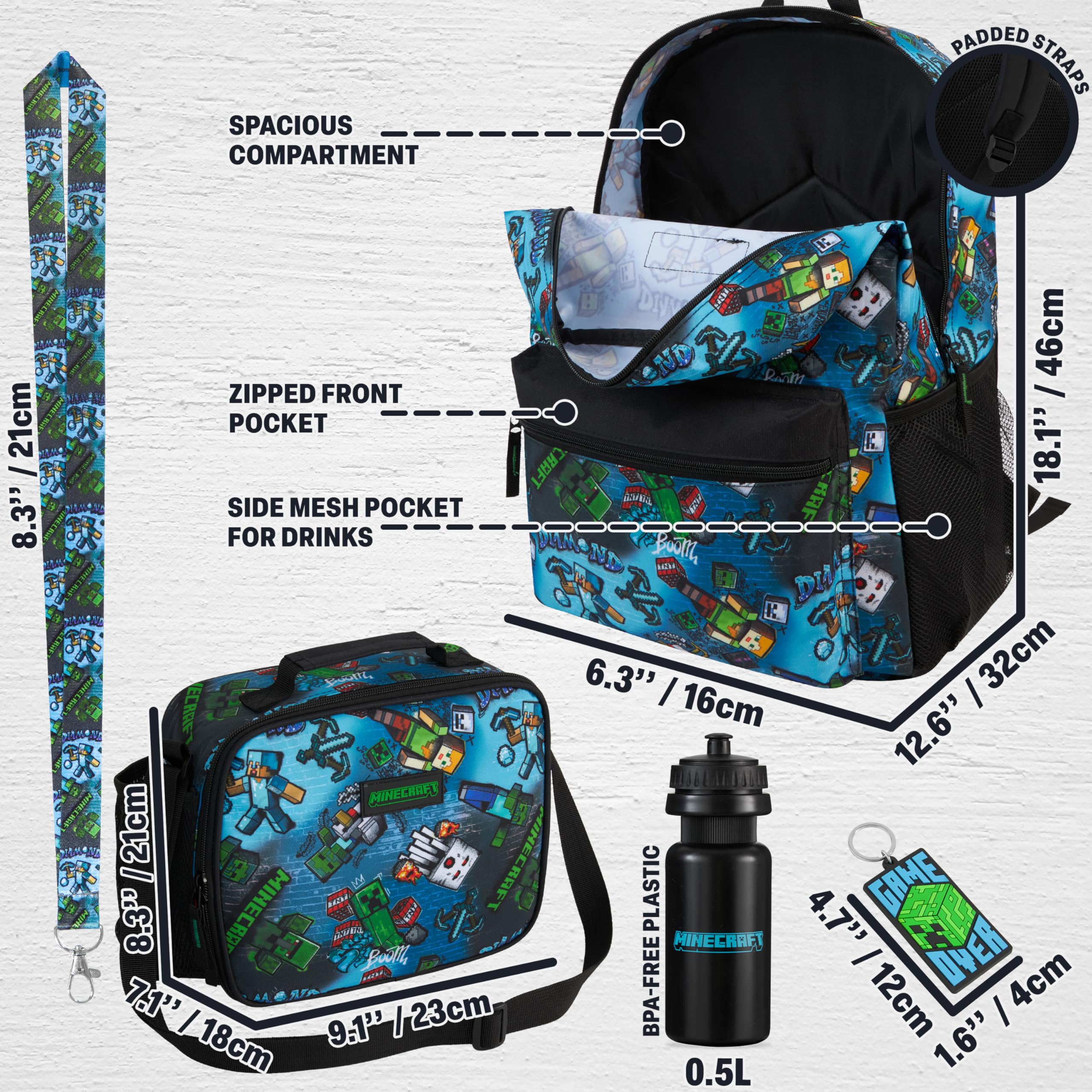 Get Trend Minecraft Rucksack Kinder 5er Set, Kinderrucksack mit Federmäppchen, Isolierte Lunchtasche, Schlüsselband, 500ml Trinkflasche BPA-Frei (Multi Minecraft)
