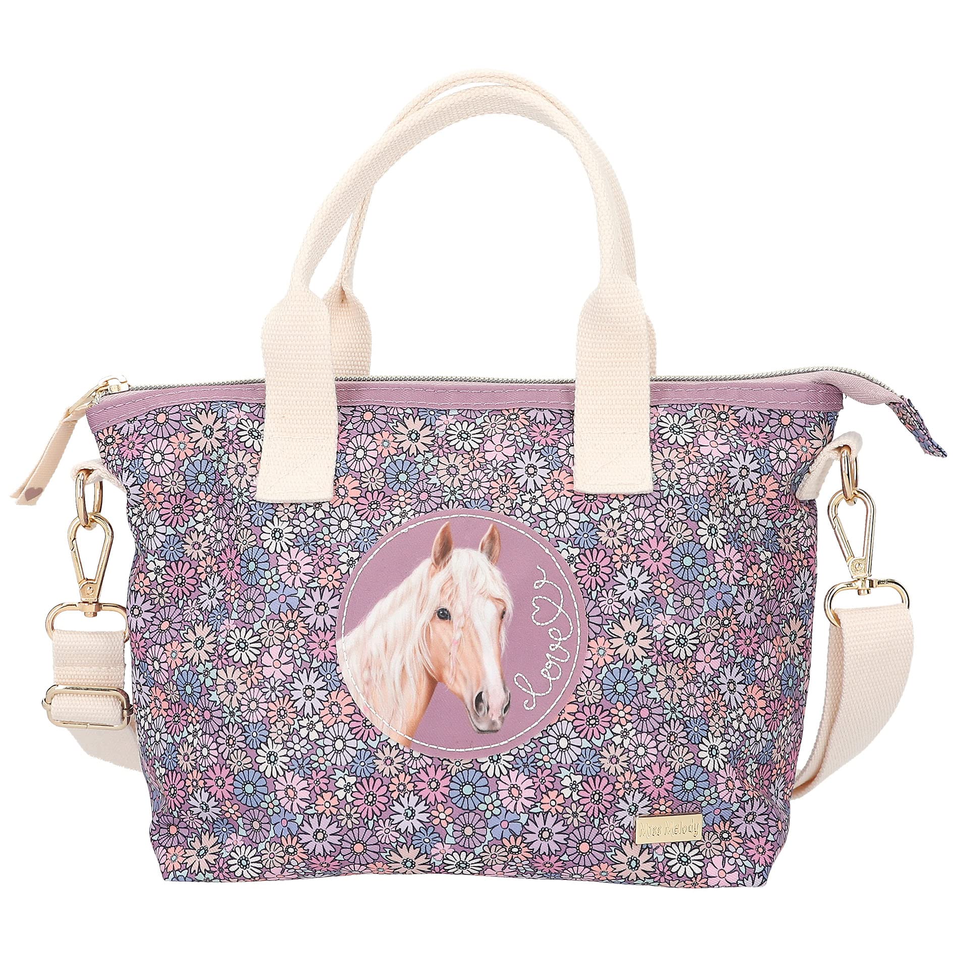 Depesche 12313 Miss Melody Flowerfield - Mini Shopper mit Pferde-Motiv und Blüten-Print, Tasche in Lila mit längenverstellbarem Tragegurt