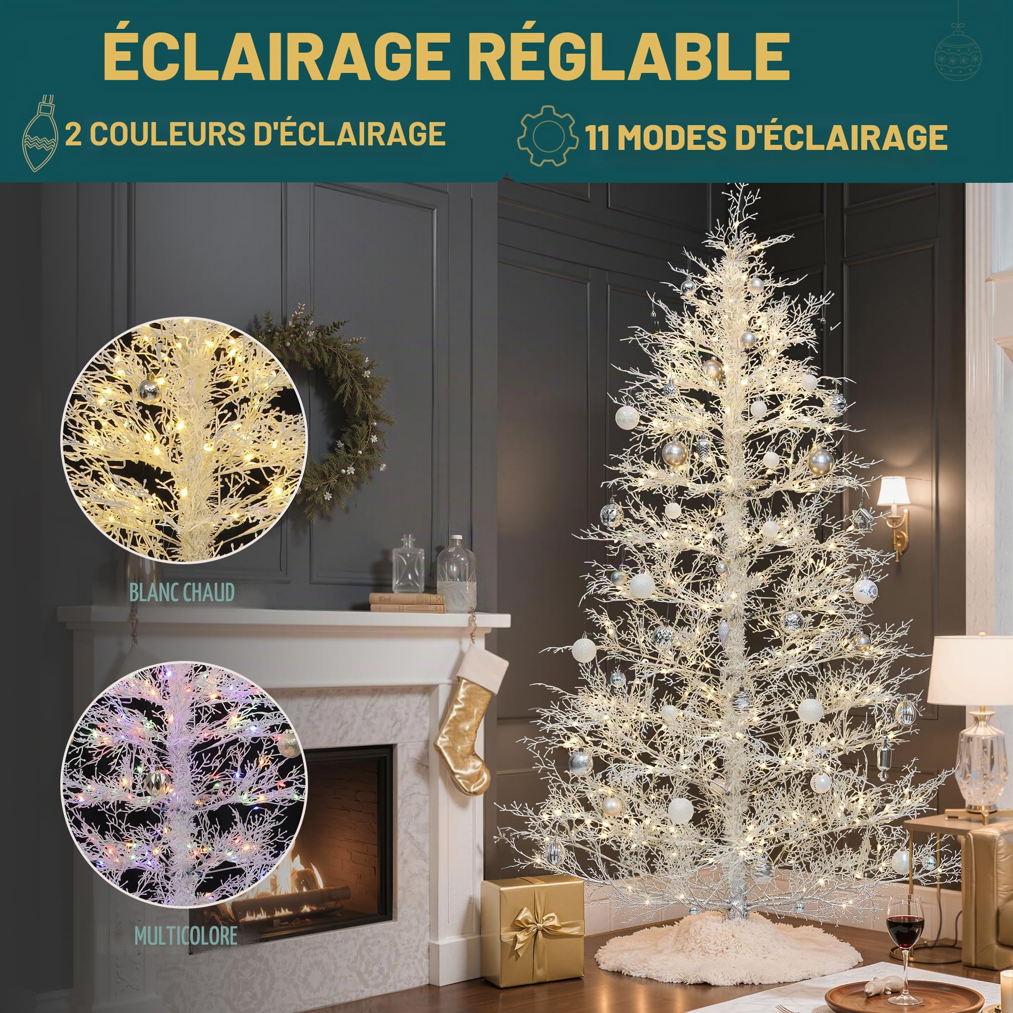 YITAHOME Sapin de Noël Artificiel Blanc de 1,8 m avec télécommande, Technologie de charnière, 300 lumières interchangeables Blanc Chaud et Multicolore, 550 Pointes en polyéthylène pour Noël