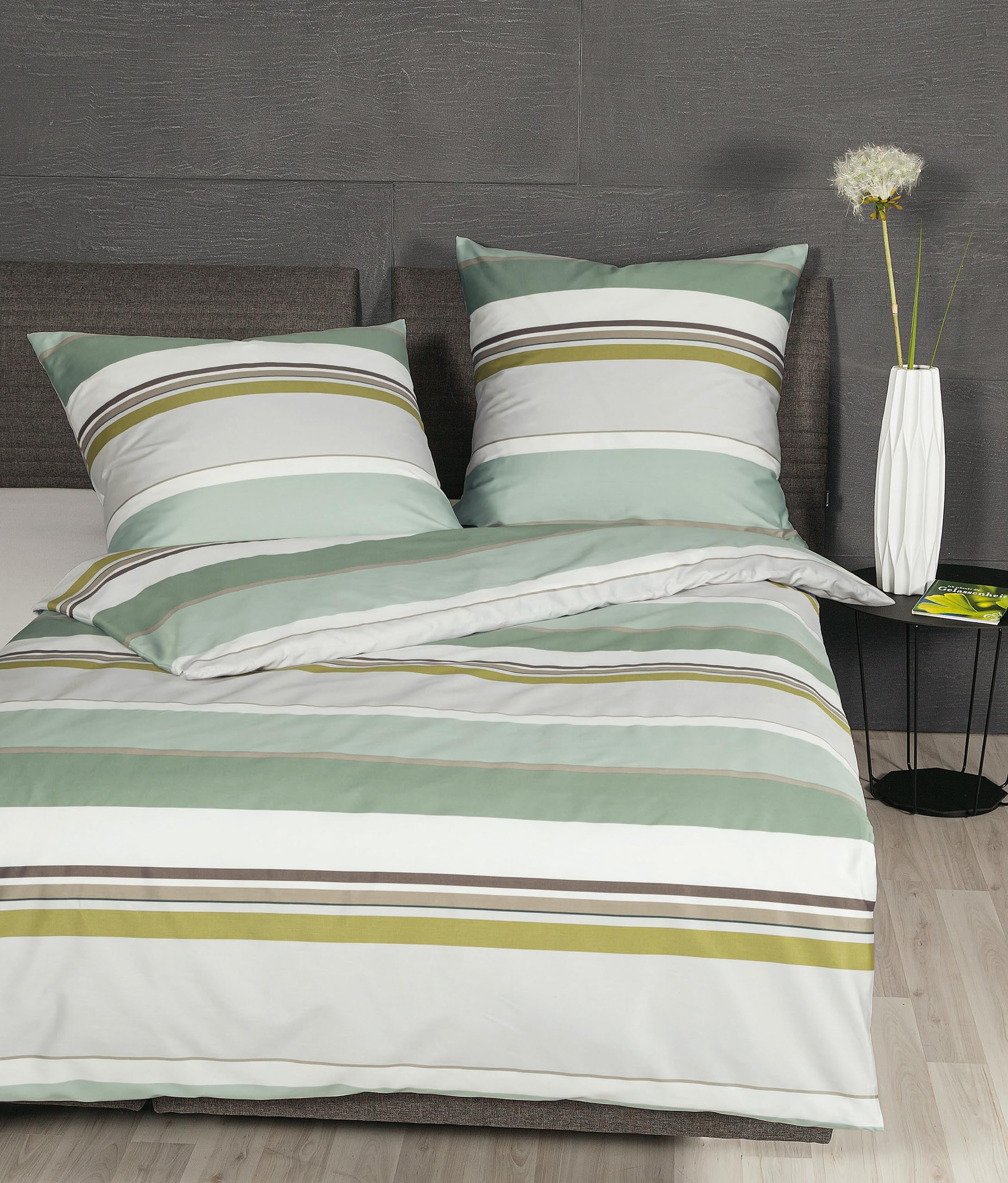 Janine Biancheria da letto 155 x 220 cm + 80 x 80 cm Moments – morbido copripiumino in raso makò – con chiusura lampo – 100% cotone – Öko-Tex – giallo oliva chiaro grafite
