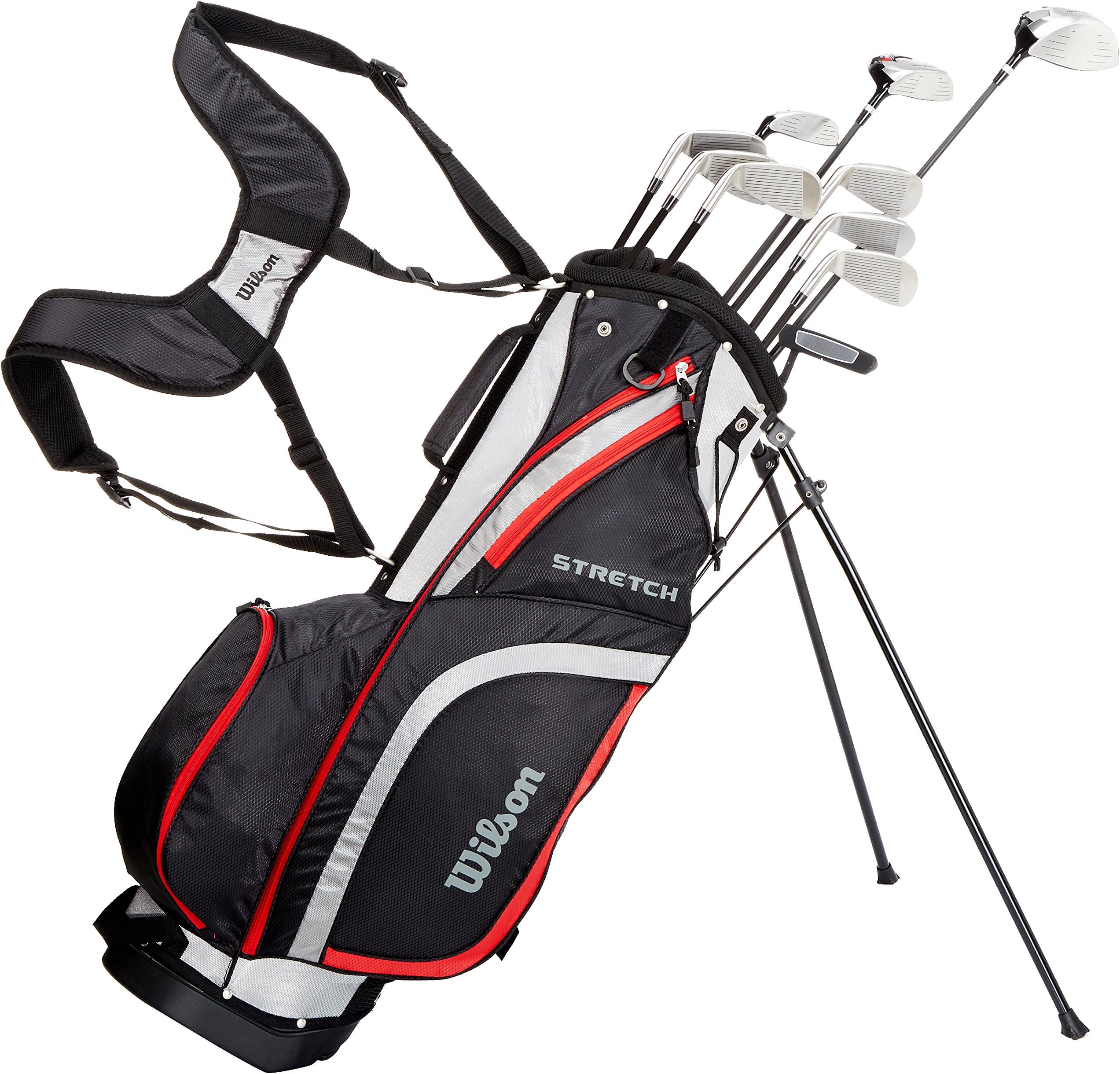 Wilson Amazon Exclusive Men's Stretch Beginner Complete Set, 10 Extended Length (+1 in) Golf Clubs with Stand Bag, Black/Grey/Red, Extended Length