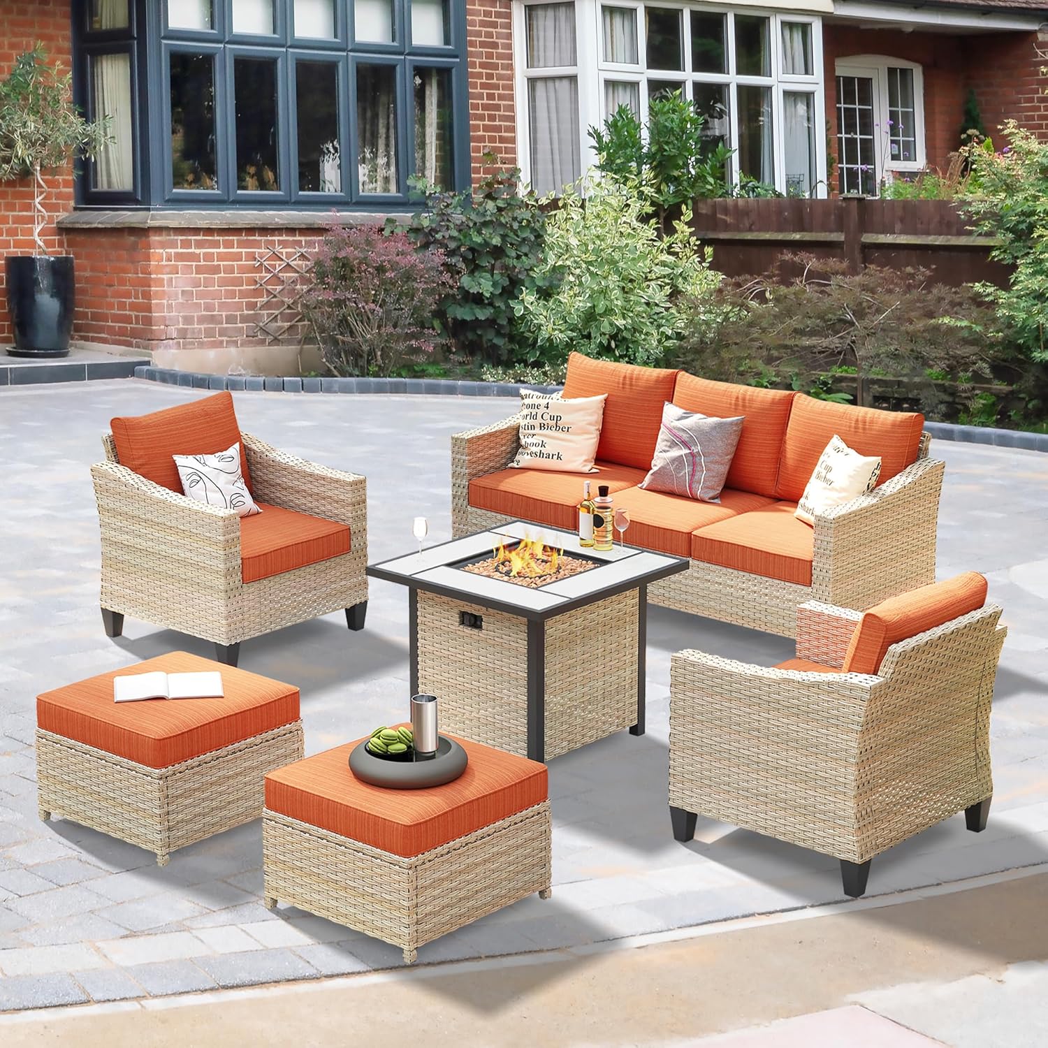 ovios 6Piece Wicker Patio Furniture Set with Fire Table