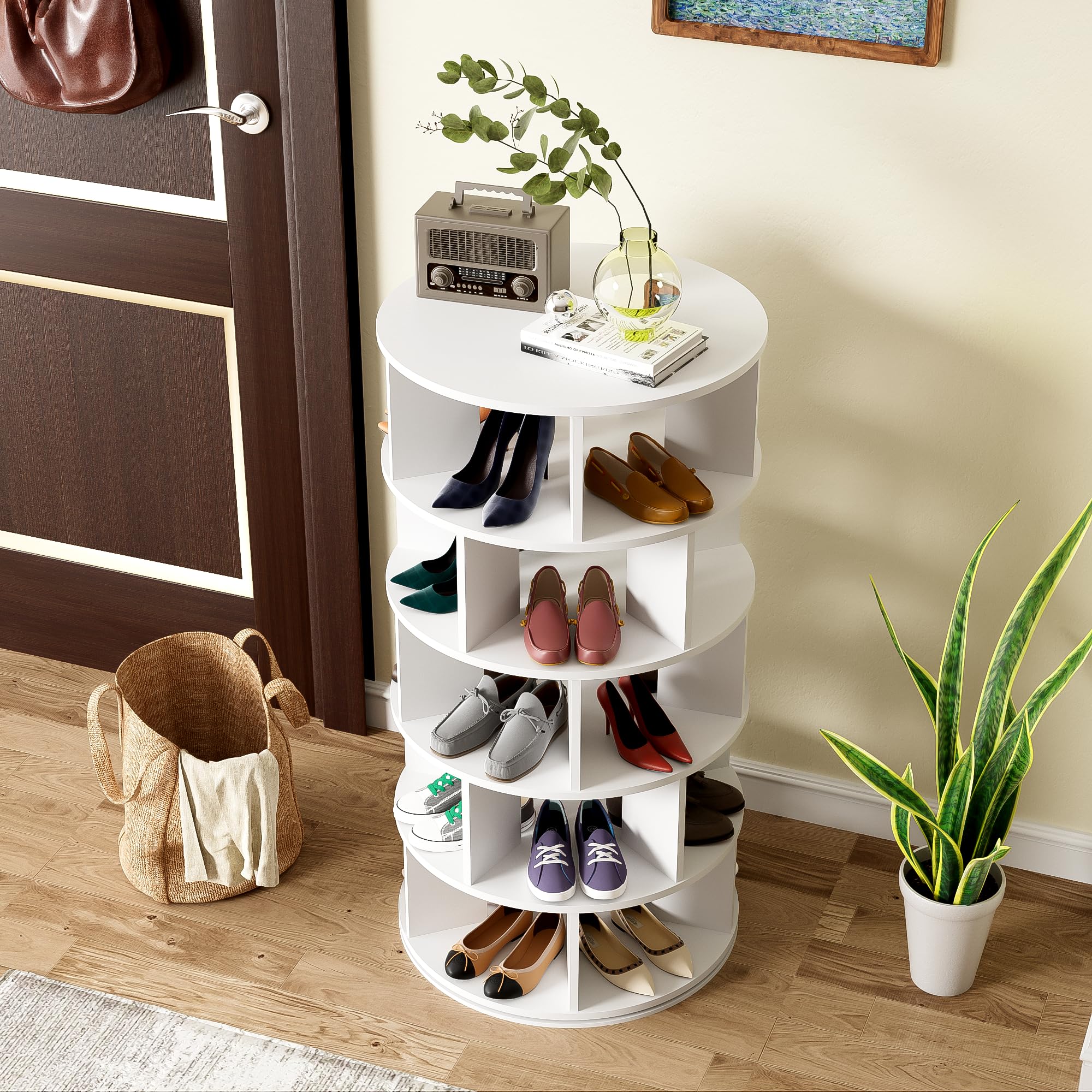 Merax Schuhregal Drehbar, Multifunktionales Schuhschrank mit 5 Ebenen, Rundes Rotating Shoe Rack 360-Grad-Drehung, Höhe 115 cm, Breite 60 cm, Weiß