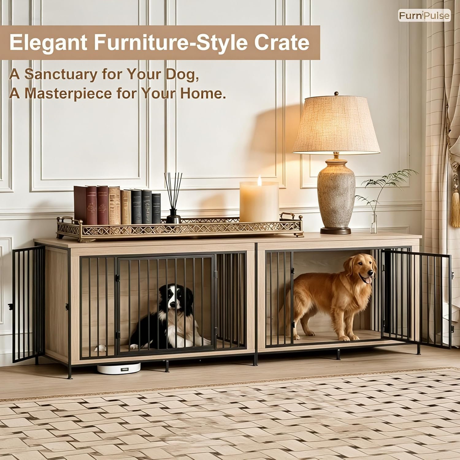 48" XL Dog Crate Furniture for Large Dogs, Farmhouse Light Oak Wood Dog Kennel, Heavy Duty Anti-Chew Steel Frame, Escape Proof Pet Crate, 3 Door Indoor Dog House, TV Stand Entertainment Center 350LB