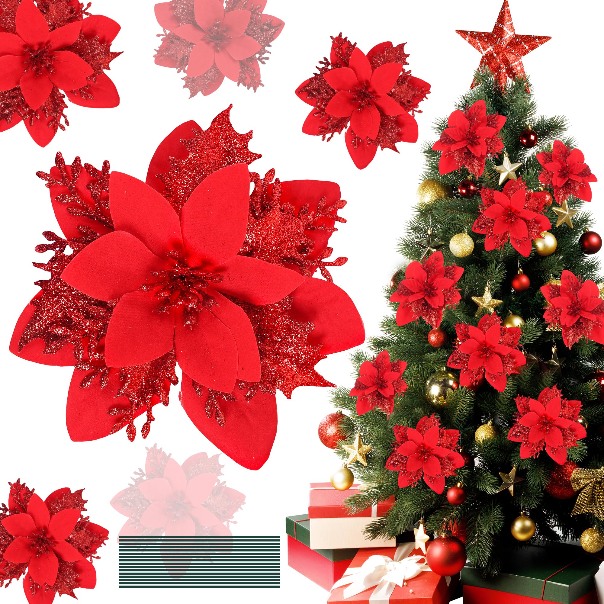 Pecehom 16 Pieces Poinsettia Christmas Decorations,Glitter Artificial Poinsettia Flowers Christmas Tree Ornaments,for New Year Wedding Xmas Wreath Home Party Decor (Red โ image 1