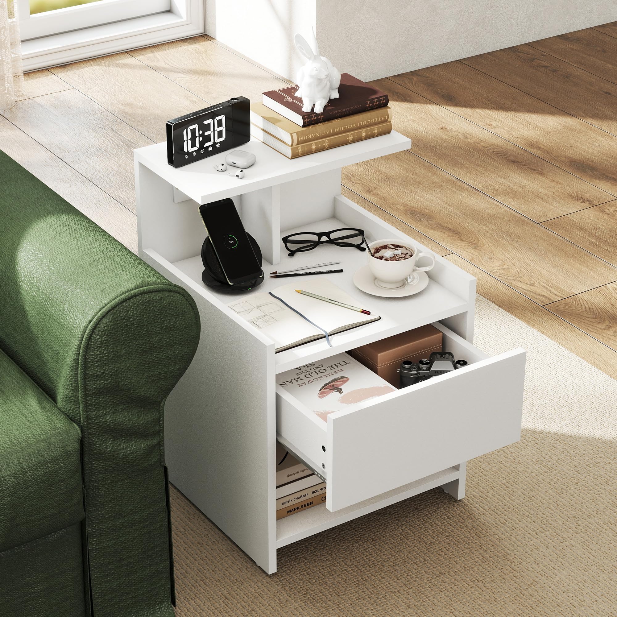 HOMCOM Mesita de Noche con Estación de Carga Cajón 40x40x60 cm Blanco | Mesilla de Noche Dormitorio, Puertos USB, Estantes Abiertos, para Salón, Estudio