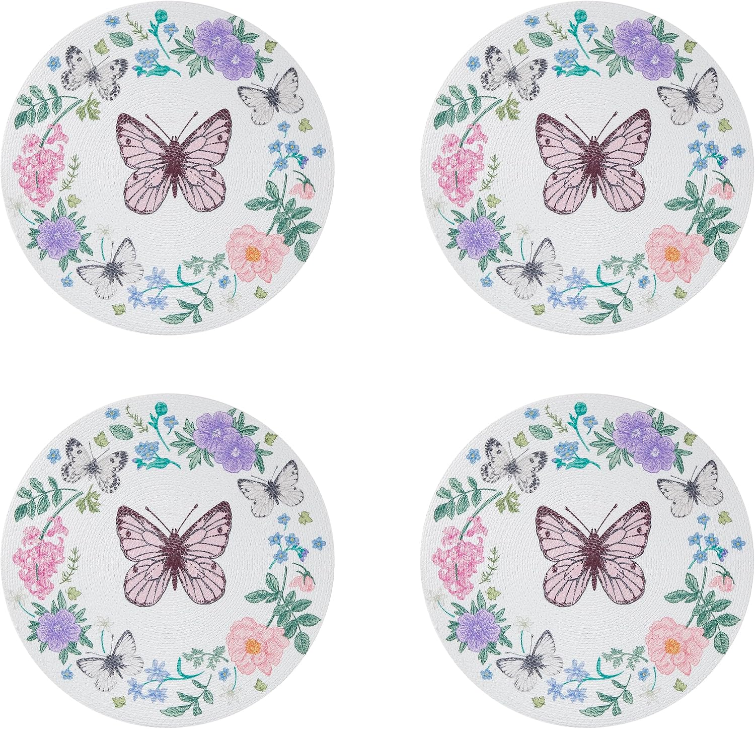Avanti Linens – Placemat Set, Woven Braided 100% Polyester Round Placemats, Butterfly & Floral Wreath Print, Kitchen & Table Linens, 15" x 15", Set of 4 (Meadow)