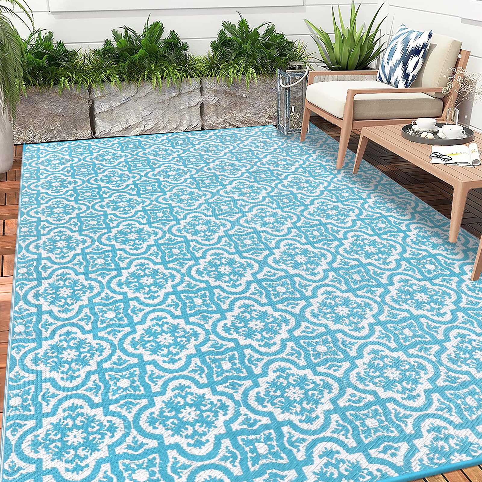 Enyhom Large Outdoor Rug for Garden 180x270cm Waterproof Patio Print Reversible Mat Lightweight RV Camping Outdoor Area Rug Plastic Straw Carpet for Balcony Deck Backyard Picnic Porch Beach, Teal
