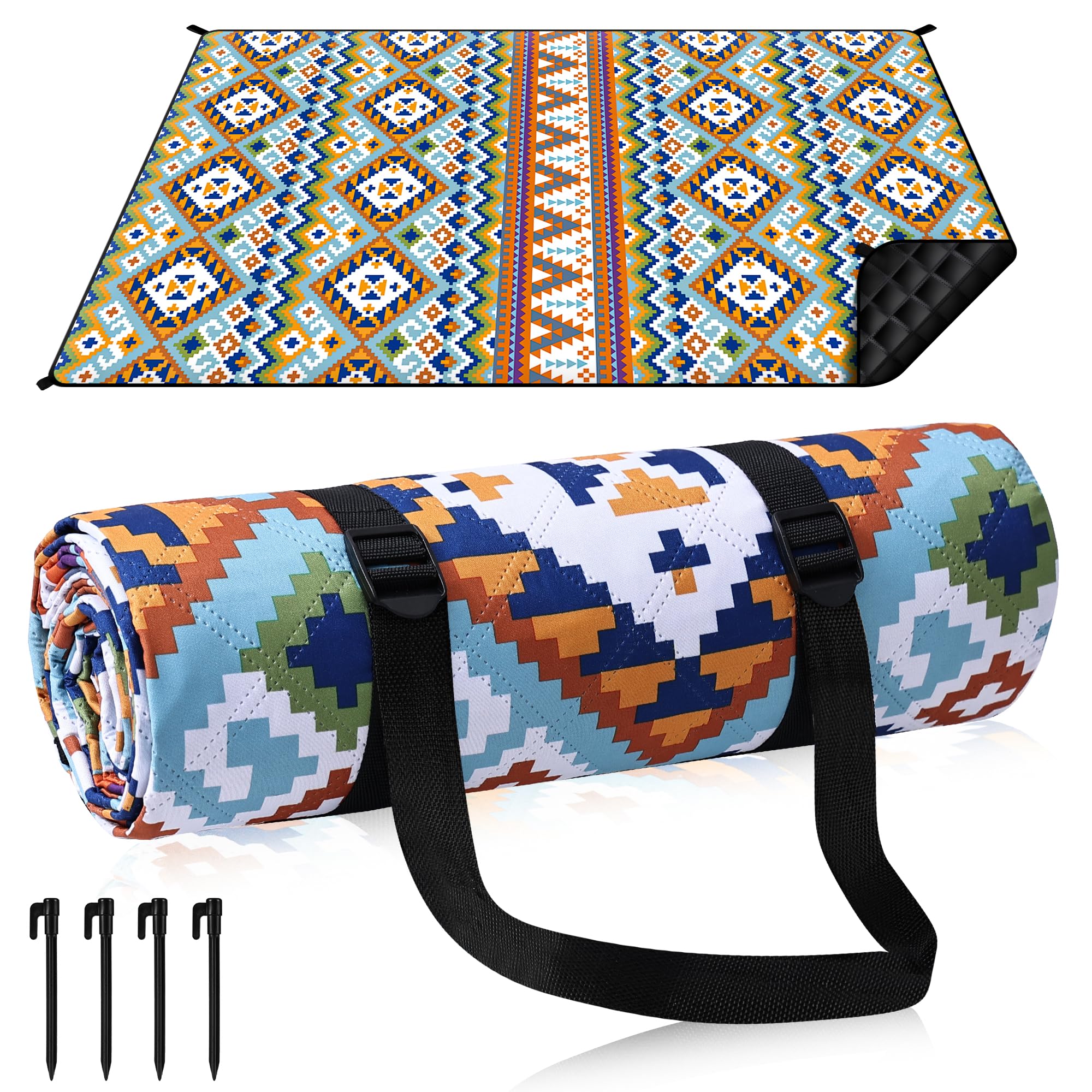 Gucass Koc piknikowy w stylu boho, 150 x 200 cm, wodoszczelny koc plażowy, mata plażowa z paskiem do noszenia i 4 śledziami, przenośny, nadaje się do prania, rozmiar XXL, koc kempingowy, outdoorowy